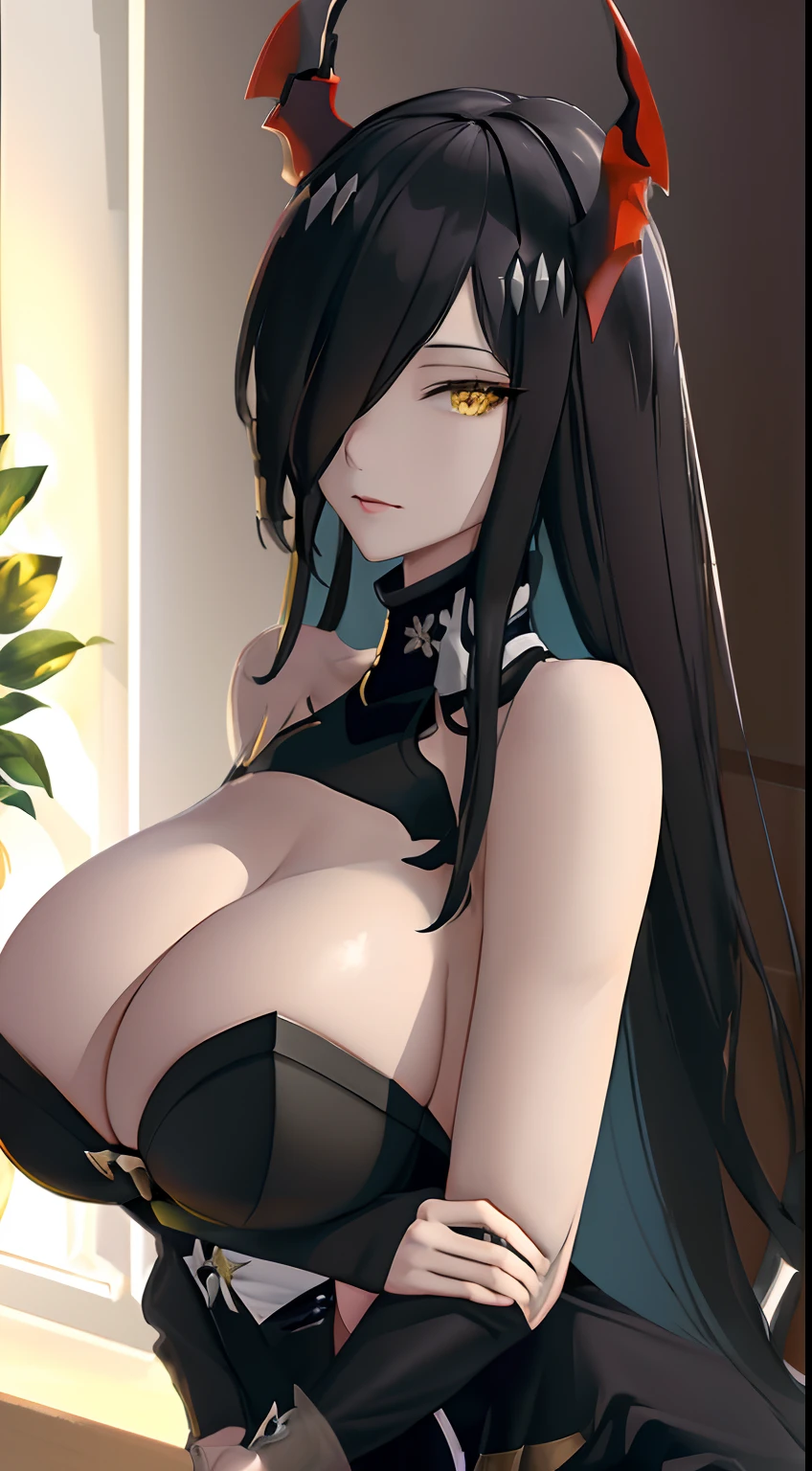 Masterpiece,Best quality,Extremely detailed Cg Unity 8K wallpaper, Masterpiece, Best quality, CG, Light , Rough Frederick(azur lane),detail processing,{ black_yellow cat eyes },hair on one eye, Black long hair,Strangled,{ Wife-like,Mature female}, Huge breasts,Black dress,High heel