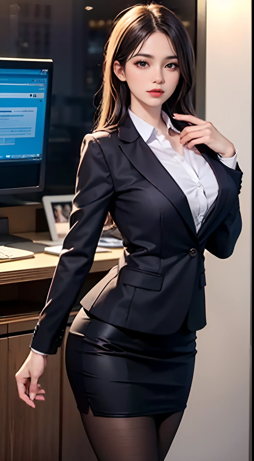 (Masterpiece), ((Best quality)), (Masterpiece,Best quality,offcial art,Extremely detailed Cg Unity 8K wallpaper), , Photo, Elegant upper-class elite secretary in a business shirt, working in an office,wearing a strict business suit, Wear pantyhose,Wear high-end heels,Girl in shirt, dressed in a suit, huge tit,full bodyesbian,dressed in a suit, dressed in a suit, merchant, Business clothes, wearing black suits, Wear a shirt and skirt, Woman in a suit, Business attire, business outfit,dramatic lights，view the viewer，