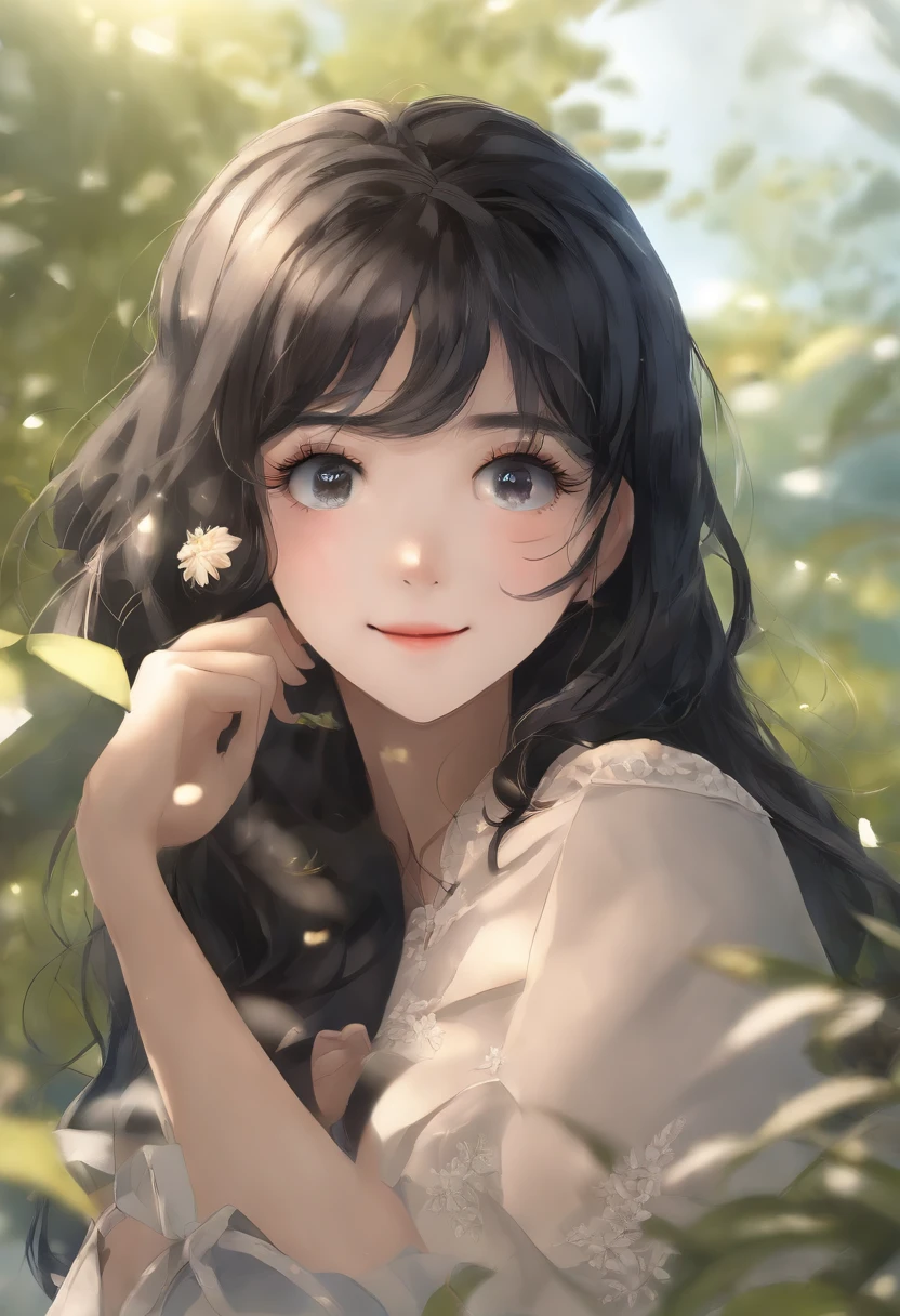 Black hair, Anime, Ghibli, Anime style, close up, From Side, One-person viewpoint, 8K, Super Detail, masutepiece,Super Detail, High quality, High resolution, high detailing, White background, Face Detail, Happiness, Curly hair, Blue Eyes Stock Investment Chart Background　femele　a smile