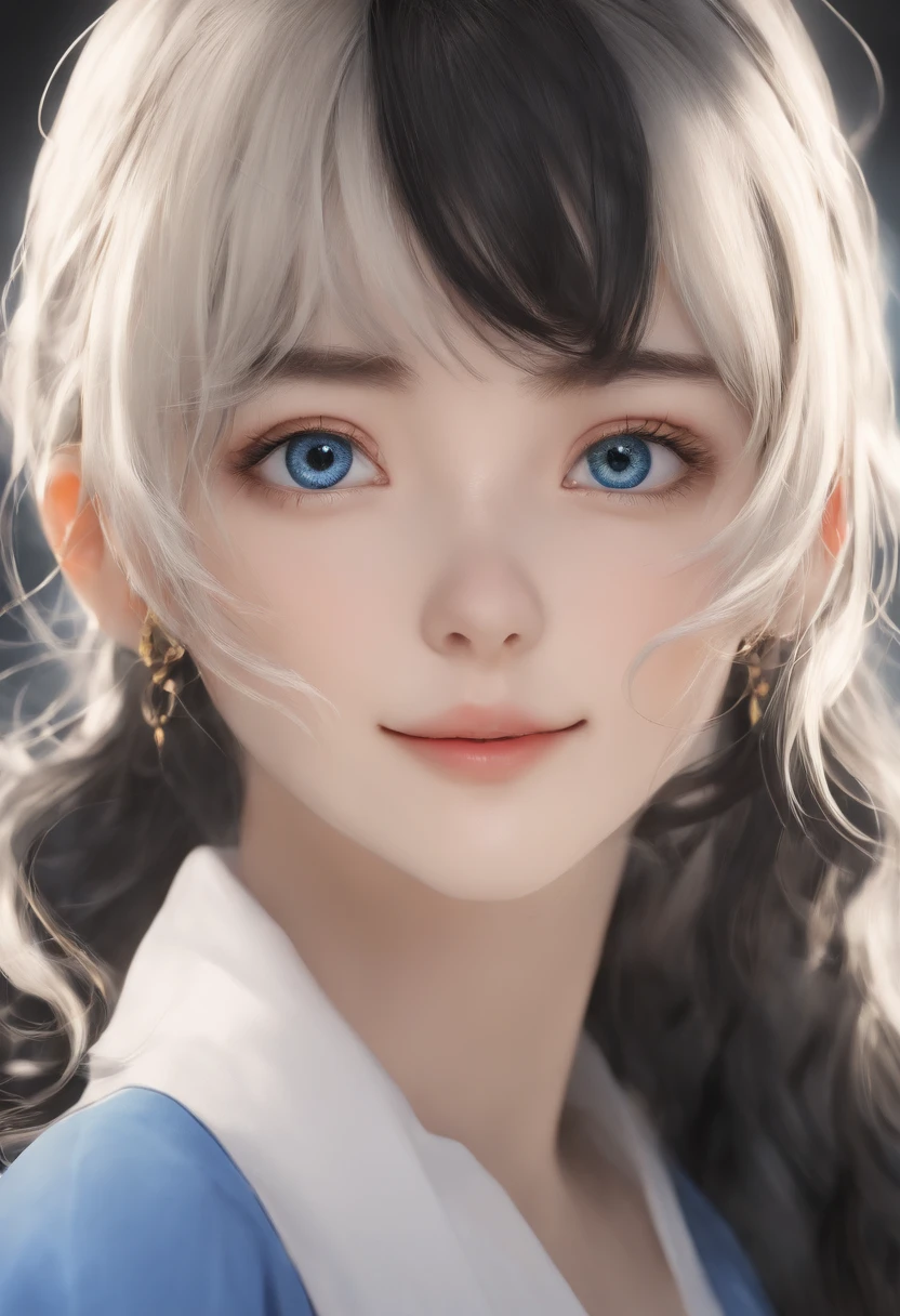 Black hair, Anime, Ghibli, Anime style, close up, From Side, One-person viewpoint, 8K, Super Detail, masutepiece,Super Detail, High quality, High resolution, high detailing, White background, Face Detail, Happiness, Curly hair, Blue Eyes Stock Investment Chart Background femele a smile