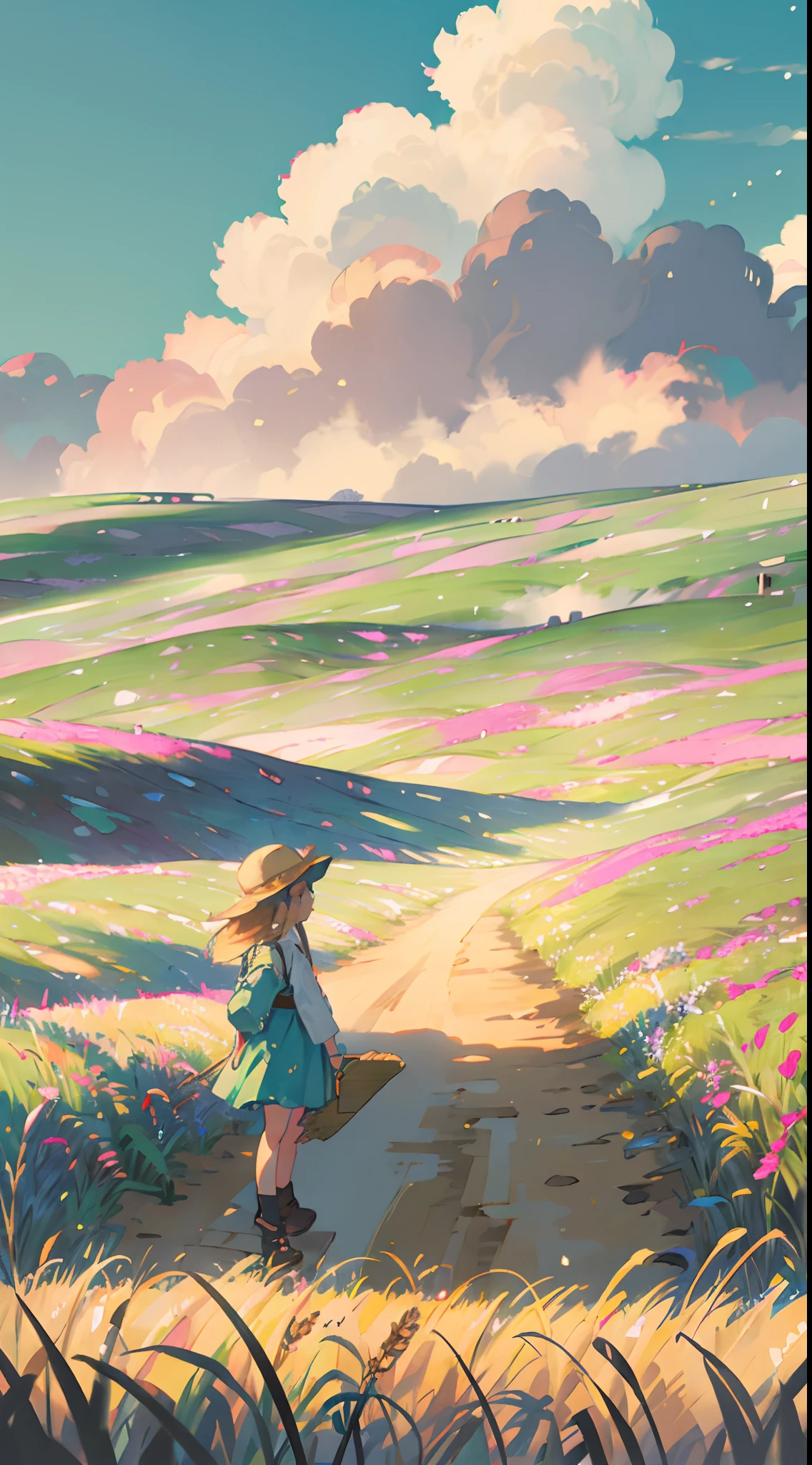 Masterpiece, high quality, highly detailed CG, 8k, wallpaper, bright,clear facial features (1.5)
Endless meadow, predominantly green, intricate, high detail, with mountains in the distance, blue sky,blond hair
A little girl stands in the grass, a white dress, long hair, and a scattered flock of sheep, the little girl is a small part of the picture