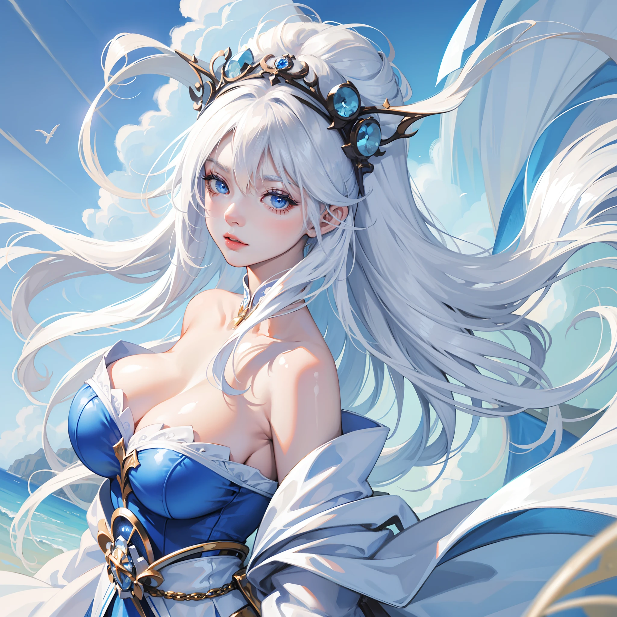 young girl, Long white hair, Blue eyes, Blue beauty dress, Huge-breasts, eye glass, Masterpiece, hiquality, 4K, HD, good detail