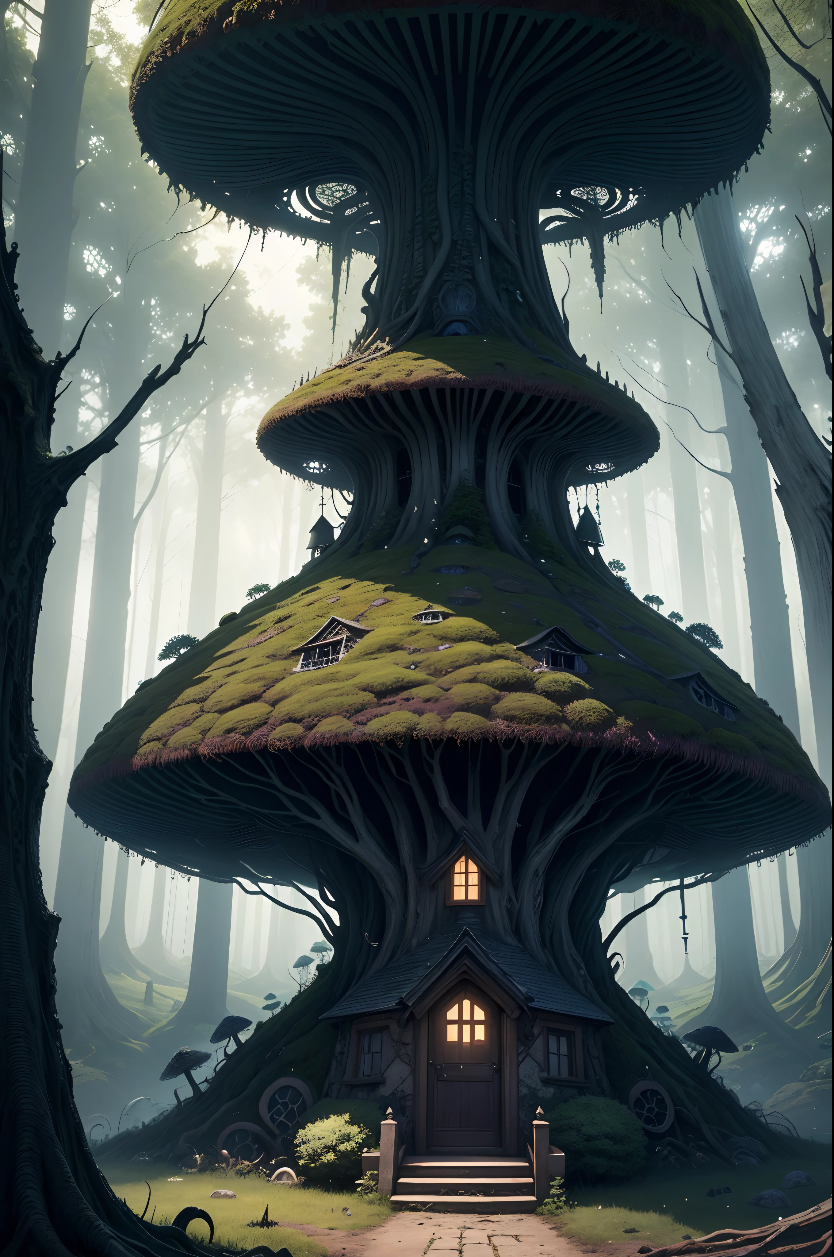 Masterpiece, top quality, best quality, official art, beautiful and aesthetic:1.2, extreme detailed, (fractal art:1.3) In a hidden glade shrouded in perpetual twilight, the Mushroom House emerges. Its crooked, gnarled stem and cap resemble a sinister giant mushroom. As you step inside, you're greeted by eerie, dimly lit corridors, cryptic symbols etched into the walls. This macabre dwelling is a retreat where the supernatural meets the sinister