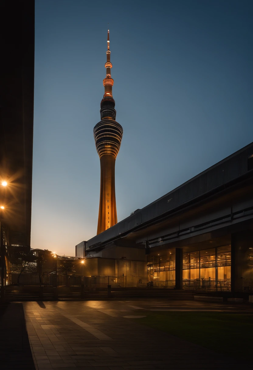 ((skytree)) Sumida City General Gymnasium in the depths of Tokyo, morning, ((The glow of the rising sun)), Core Low Key, Highest Quality, Hyper-Resolution, Hyper-Realism, sharpness,