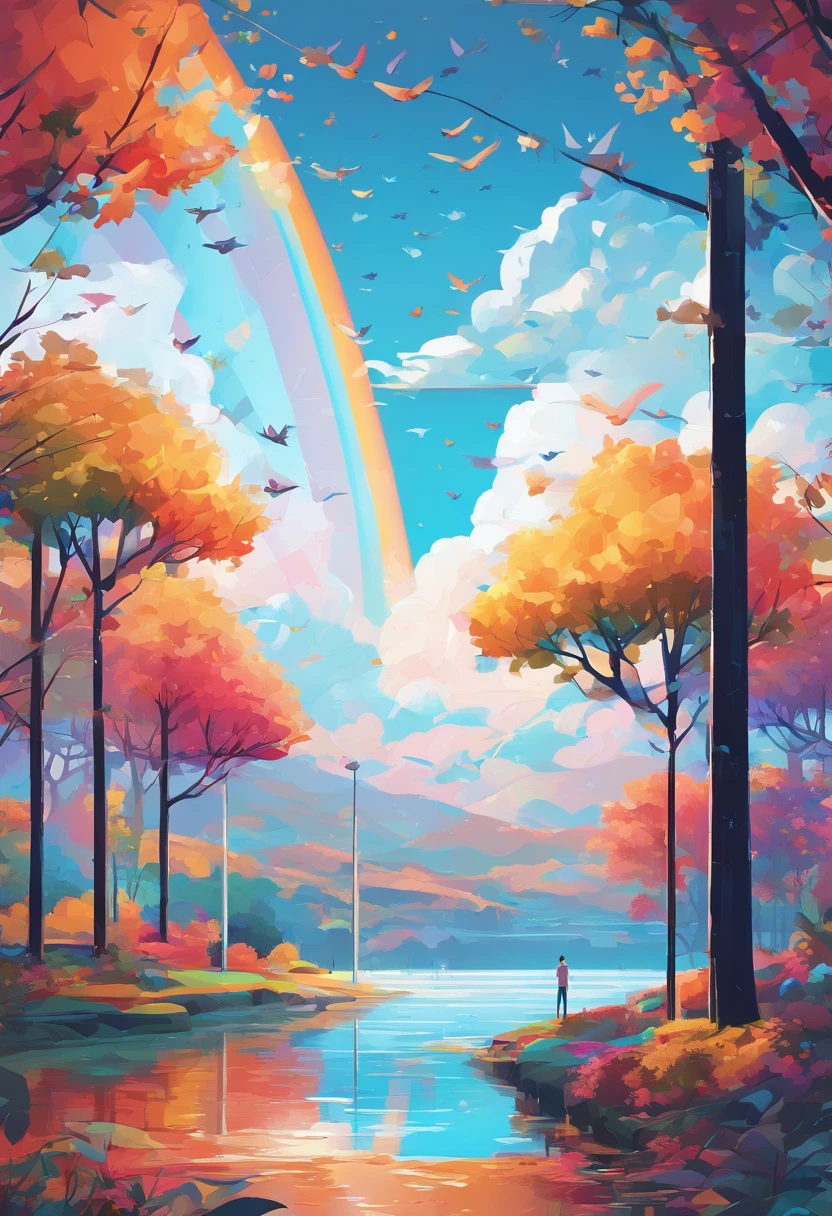 ((Evening rainbow after rain)),SkySky, Blue color, baiyun, after the rain, Rays of sunlight, refraction, 7 colors, red, orange, Yellow, green, blue, viola, Arc Shape, Bridge to Heaven, rays, Magical dreams, Want, Calm lake, Inverted image, The outline of the tree, Birds fly away, Update, Magical, Beautiful natural scenery