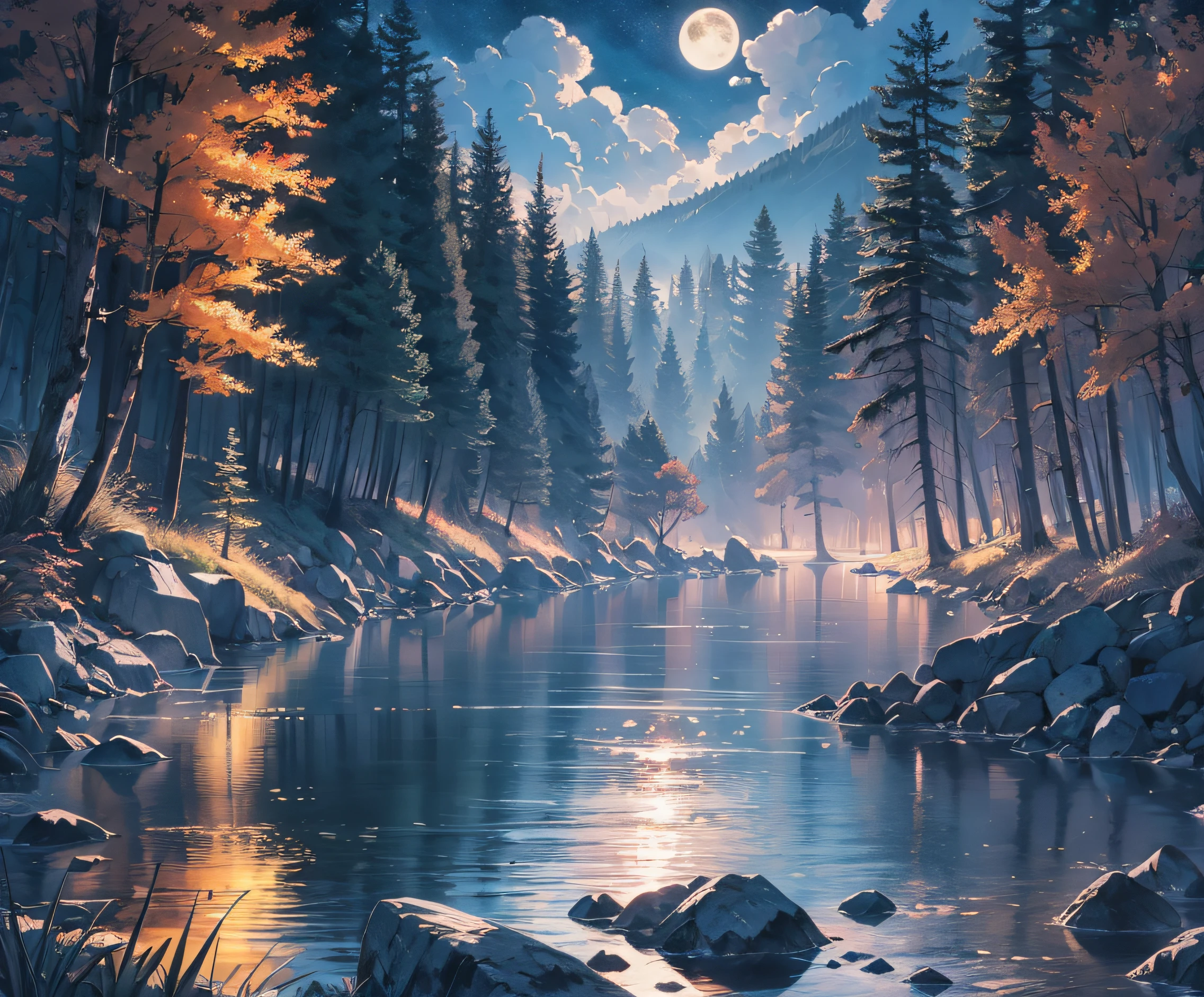 Very good 8KCG wallpapers, very fine 8K CG wallpaper, watercolor (medium), Deep in the woods, mountains, rock formations, Moonlit night, In the middle of the night, dark backgrounds, No people, No portraits, Narrow lake, 1 a.m., 夏天, View from up high, Deep in the woods