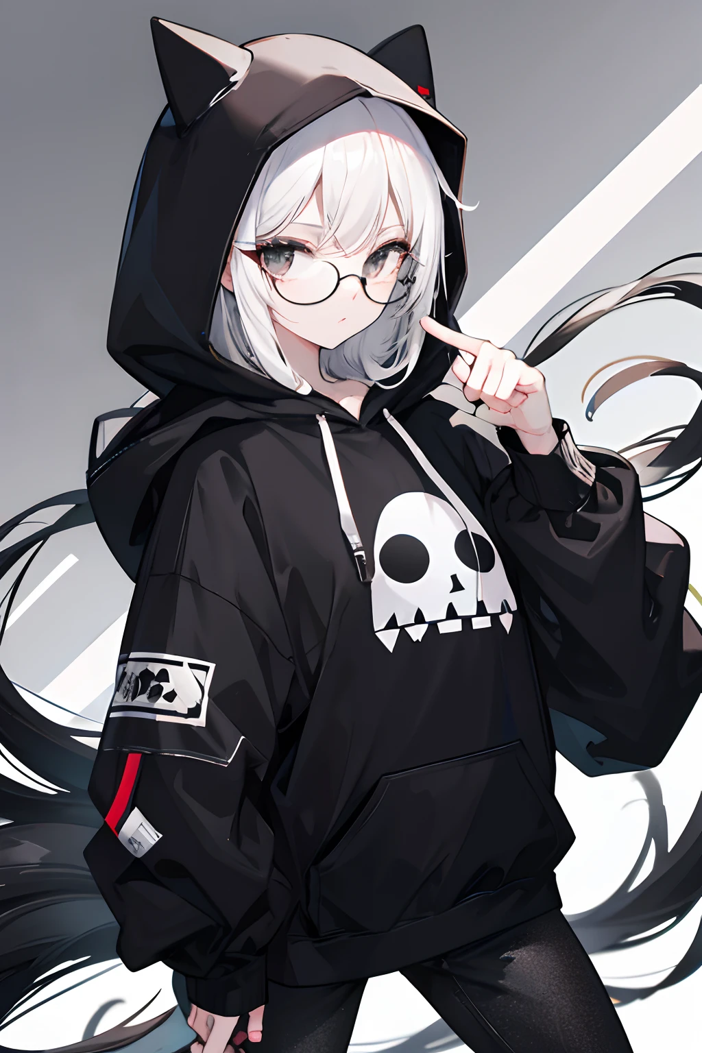 Girl, Long Black Hair /w 1 white hair pin, Black Glasses, Black eyes, Hoodie on his head, Black Hoodie, Black Jeans, High quality, HD