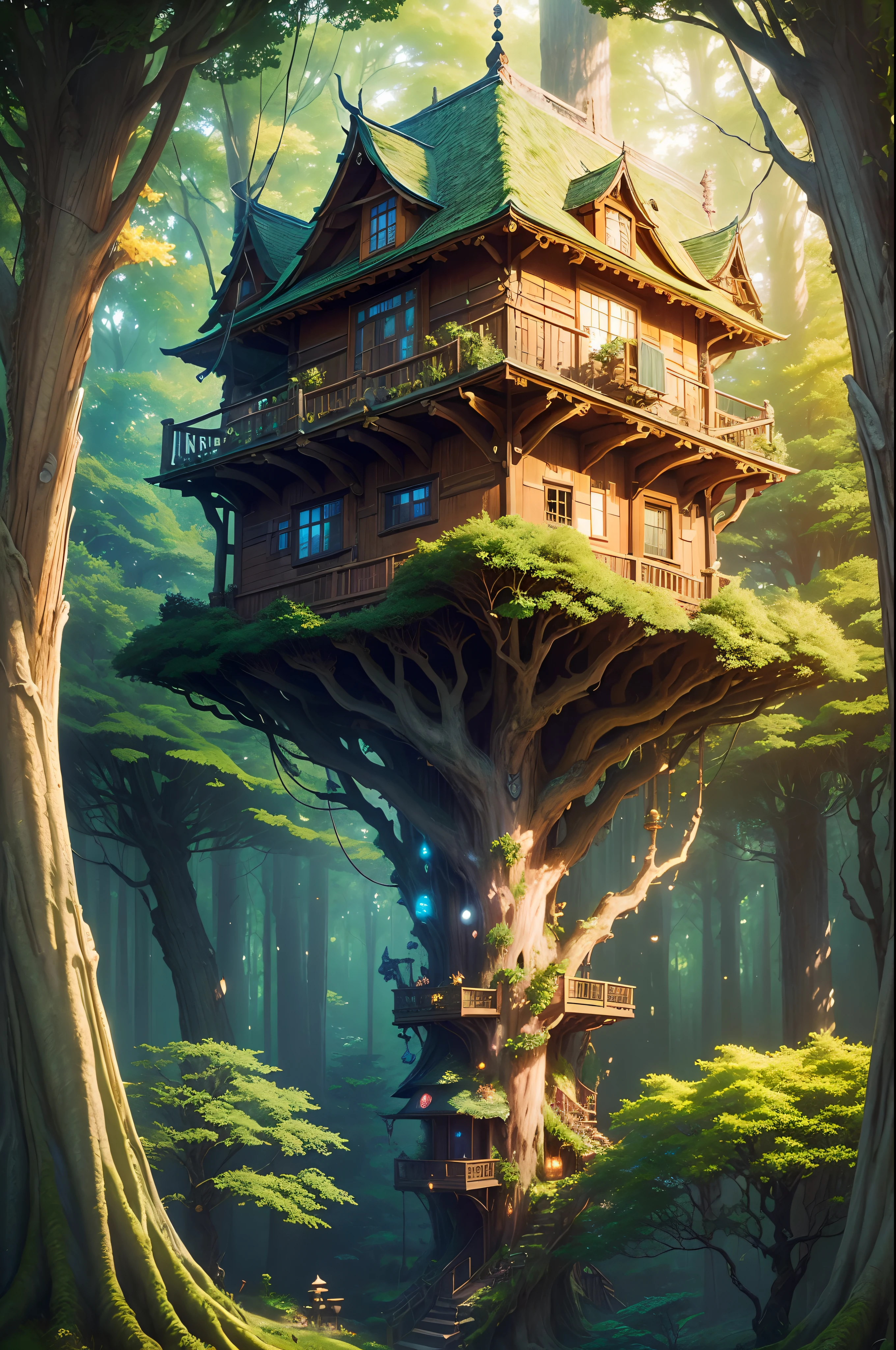 (masterpiece, top quality, best quality, official art, beautiful and aesthetic:1.2), extreme detailed,(fractal art:1.3) , Nestled among ancient trees, the Treehouse Haven is a magical retreat in the forest canopy. Winding rope bridges connect charming treehouses, offering a whimsical escape. Each dwelling is a cozy hideaway, surrounded by the soothing rustle of leaves and a symphony of woodland creatures