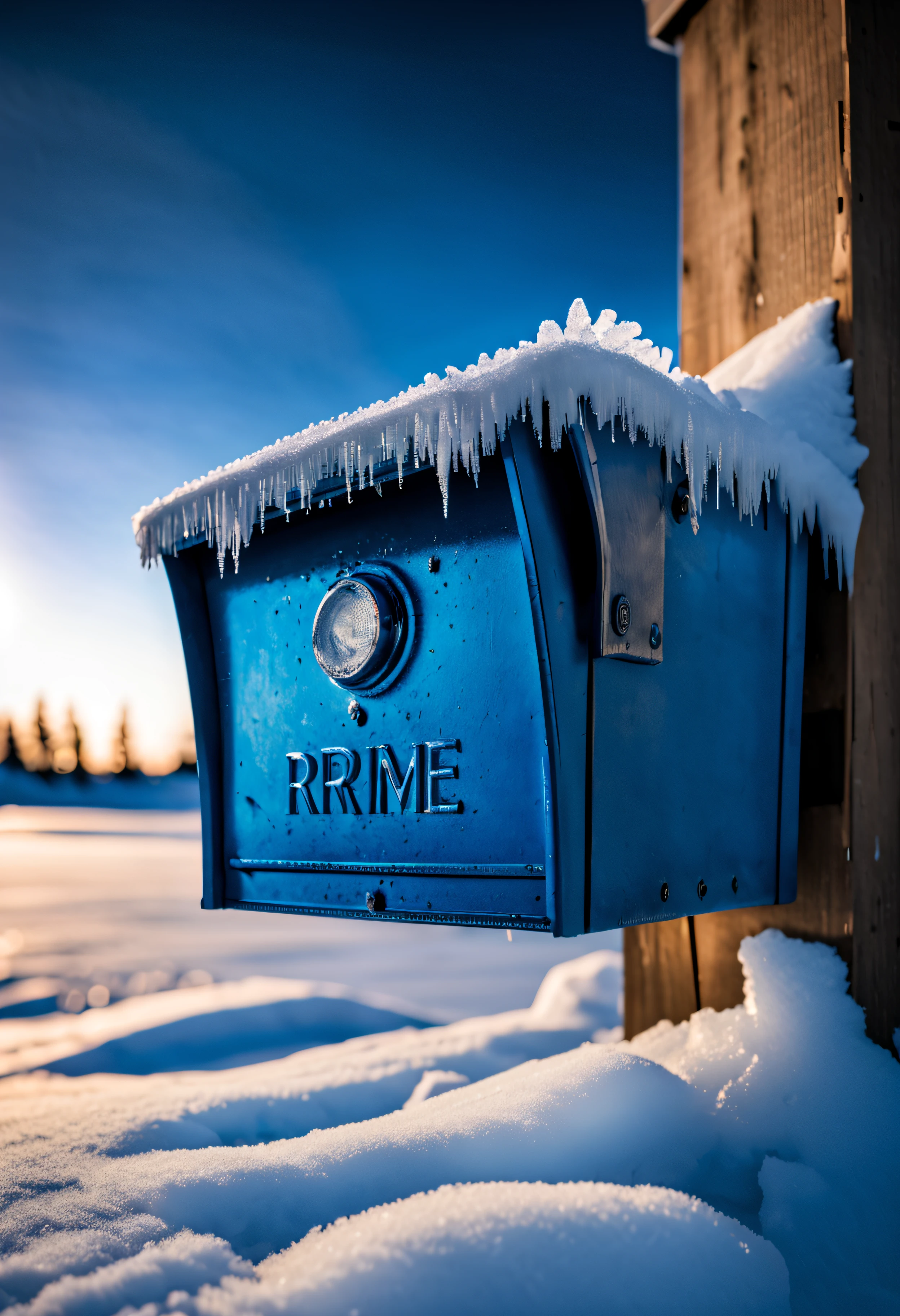 8k masterpiece, RAW photo, best quality:1.2, (rime ice), macro detailed photograph, low angle shot, sub-zero canadian morning in yellowknife, twilight, from ground looking up, blue mailbox covered with rime ice shimmering in the fading moonlight, twilight, epic shadows, detailed frozen hanging ice,