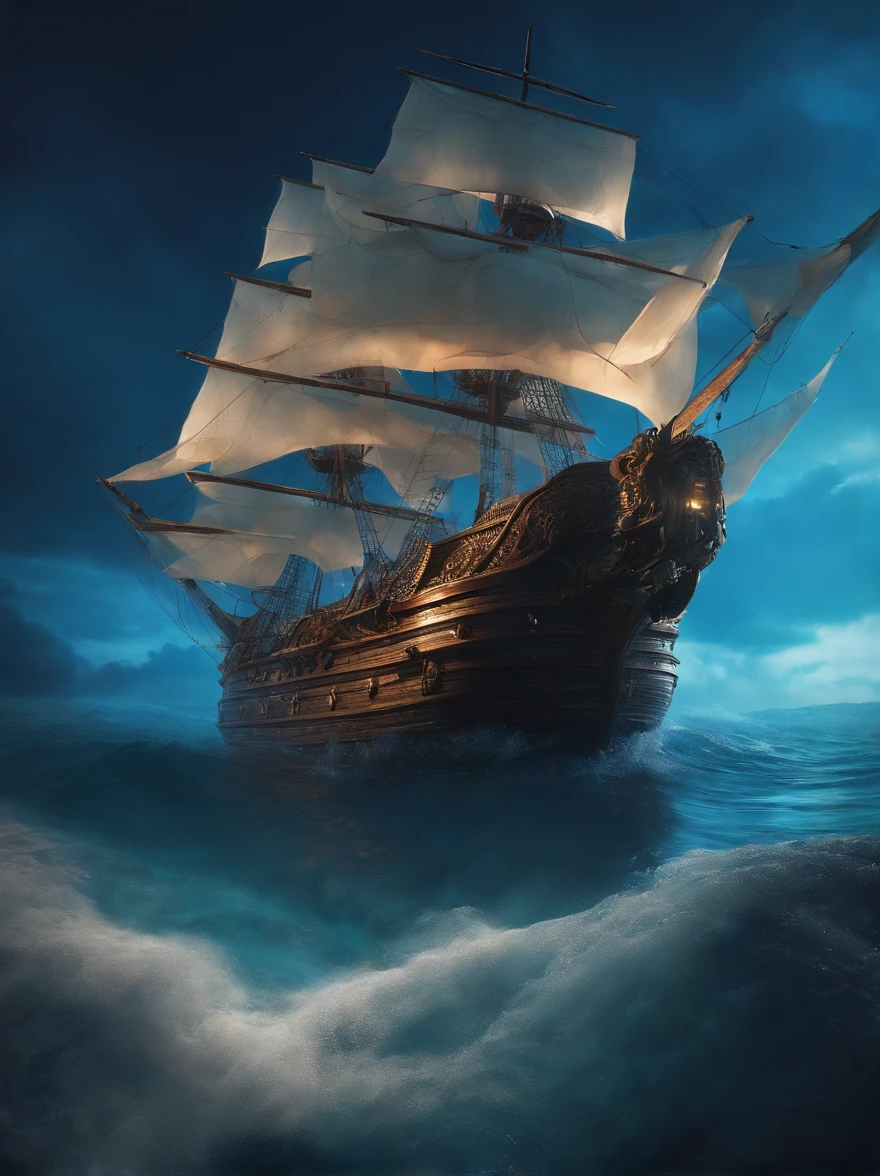 a glass bottle on its side containing a translucent blue nebula Sea + Majestic Pirate Ship, ethereal, Cinematic, backlit, eerie Trending on Artstation, ultra detailed, matte painting, photo, arnold renderer --test --creative --upbeta