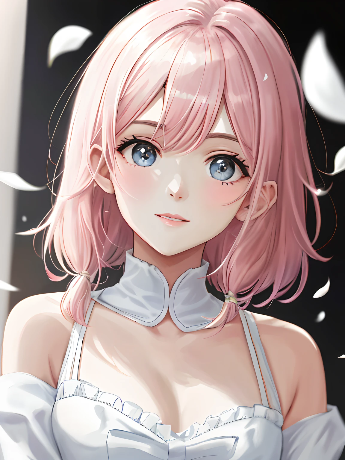 Obra-prima 8K superlativa, mulher anime, Retrato realista do vento frio, Sister, mulher de cabelo longo branco prateado, cabelos longos, light pink lips, franja calma e racional, pupilas cinzentas, fundo da flor, petals dancing, rosto delicado