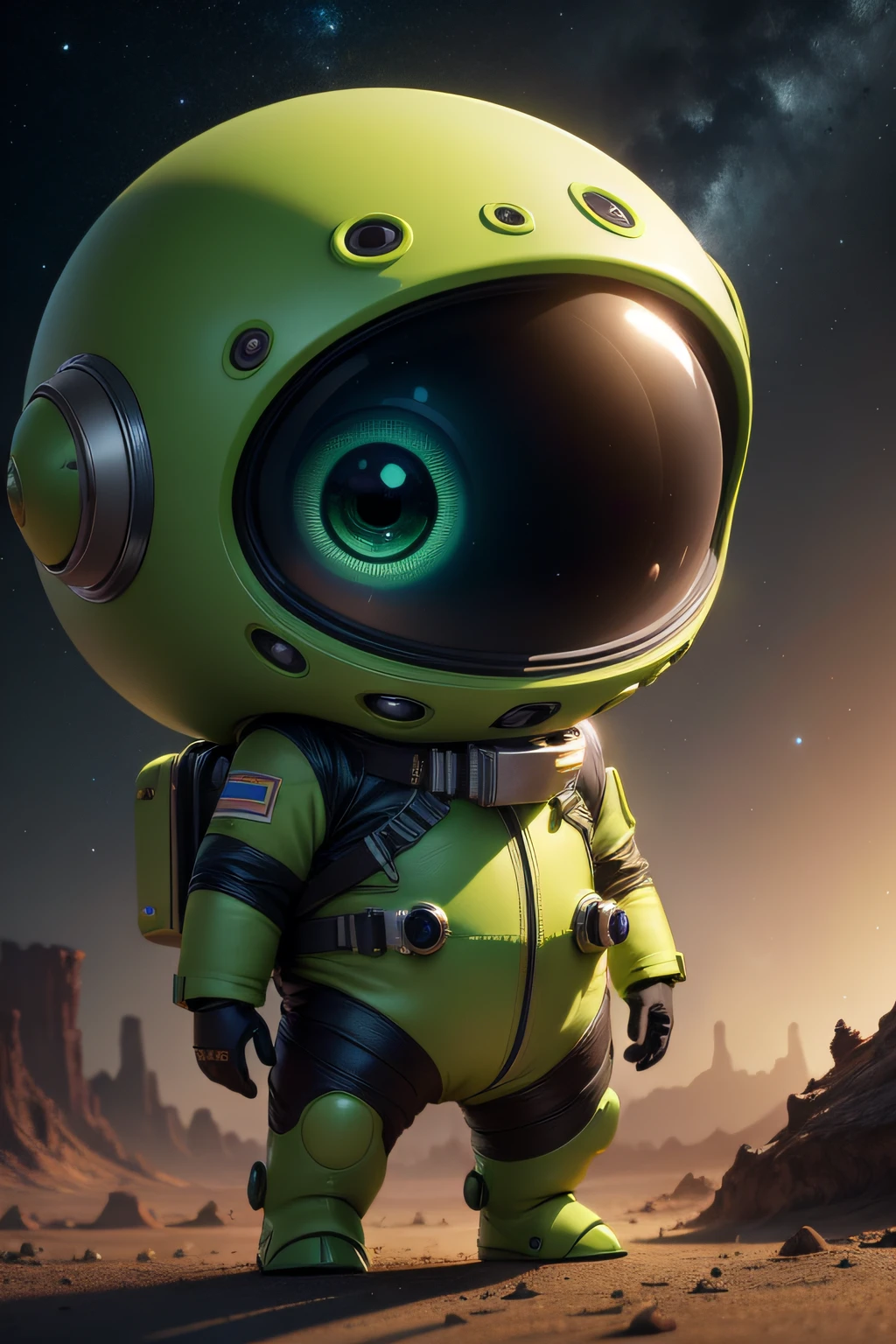 Build an image of a little alien with green skin and big eyes，It's lovely，Looks like an explorer，wearing spacesuit，，are standing