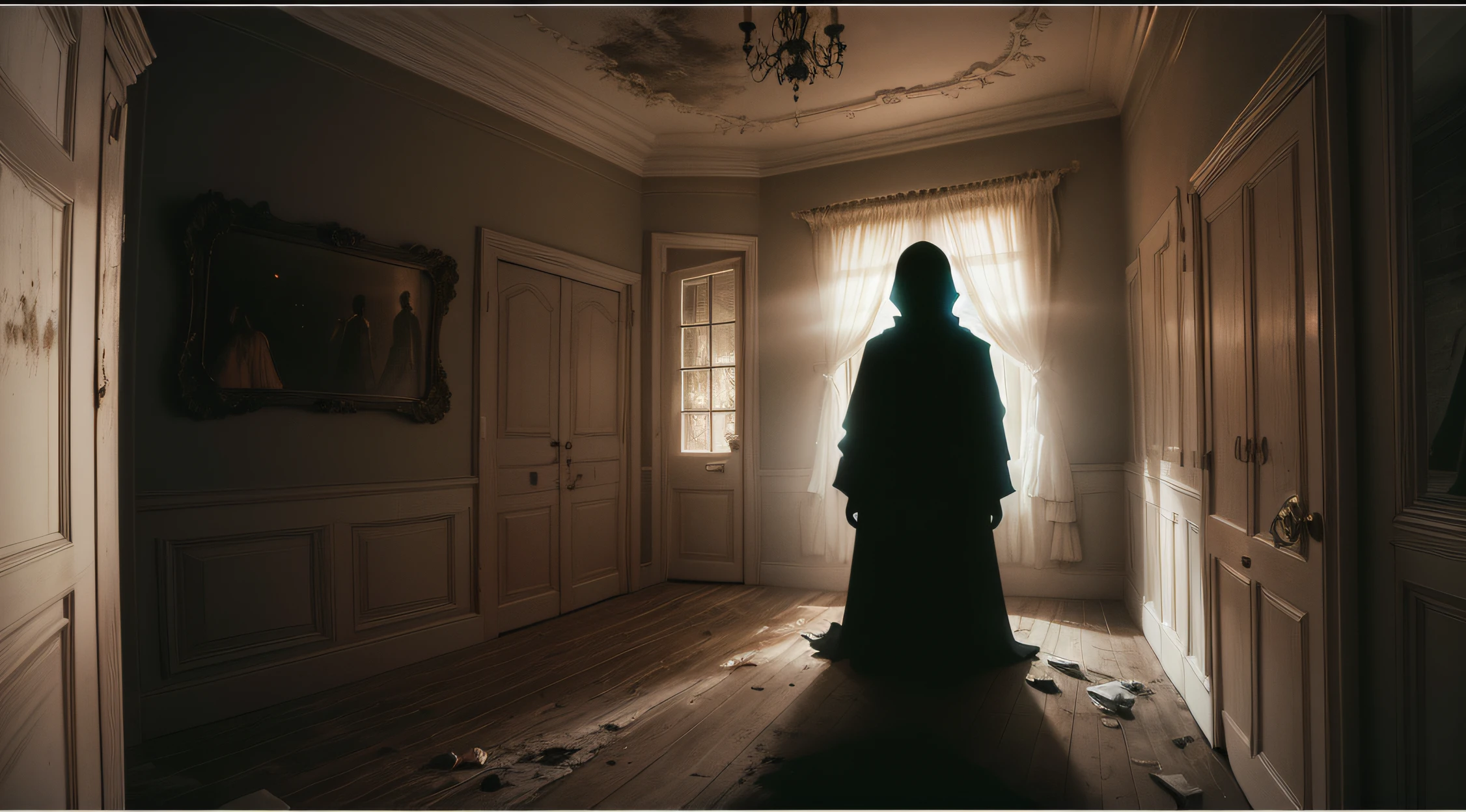A chilling photorealistic image of a haunting dark shadowy figure captured by a low-resolution living room security camera in a dimly lit room. The scene is set in an old and eerie house, with flickering lights and peeling paint on the walls. The apparition appears as a dark translucent figure with a faint glow, hovering eerily above the floor. Its unsettling presence leaves a sense of unease and mystery. The lighting should be low, with the camera's grainy quality adding to the suspenseful atmosphere. The shot should be a close-up, capturing the haunting details of the apparition and the eerie surroundings. Camera lens: Fish-eye for a distorted and unsettling perspective. Resolution: Low resolution to enhance the sense of the unknown.