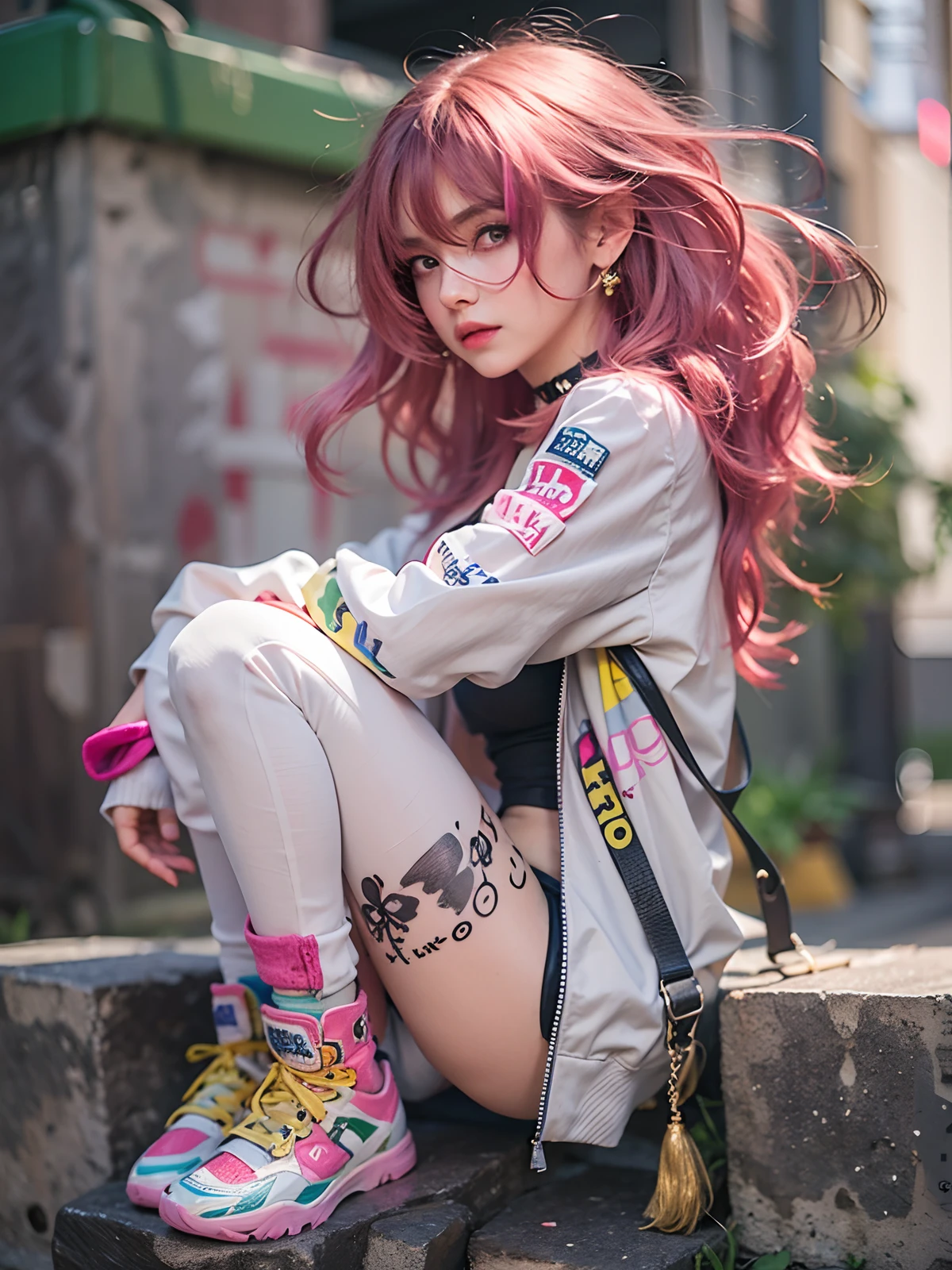 (Masterpiece, Best Quality, 1girl, 独奏, intricate details, chromatic aberration), Realistic, ((Middle Breath)),hairlong, pink hair, Decoration on a red head, Pink highlights, hair above one eye,violet eyes, earings, sharp eyes, Choker, neon shirt, open jacket, crop-top, (symmetry eyes),(perfect symmetrical body),sitting on a stone, Pursed knees, holds his leg with his hand, Hand at the bottom, graffiti, dim lighting, alley ,Look at the viewer