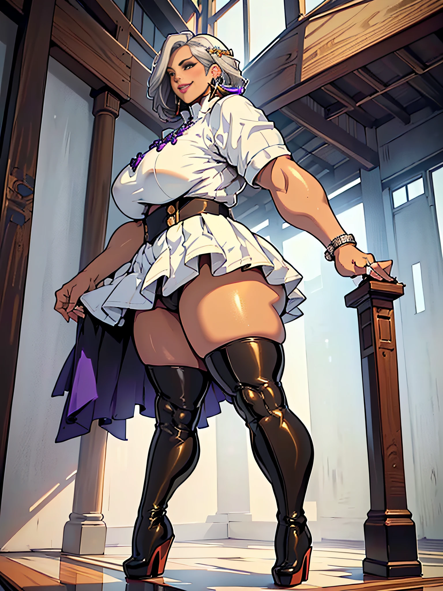 Elaborate CG artwork, (best qualtiy, exquisite detailing, absolute masterpiece), (Head to Toe Image)), ((Full body image)),((frombelow,posterior view)),(plus size model)),((White tight military uniform and white pleated mini skirt,White high-heeled thigh boots)), (((mahogany colored dark skin))),(((Light silver hair))), ((shorth hair,Graduation Bob)),(独奏,Beautiful with mahogany black skin、Immaculate costume、Wear white high-heeled thigh-high boots),Detailed beautiful mature face, very detailed beautiful face and eyes, (detailed seductive and sharp eyes), (plump shiny purple lips)), (Purple Eye Shadow), blush, (sadistic seductive smile), (Curvaceous), ( unbelievably huge curvaceous hips), (very huge sensual ass), (ridiculously massive thick thighs), (glittery skin), (wet oily skin), Fingernail Art, Jewelry, Bracelet, hoop earrings