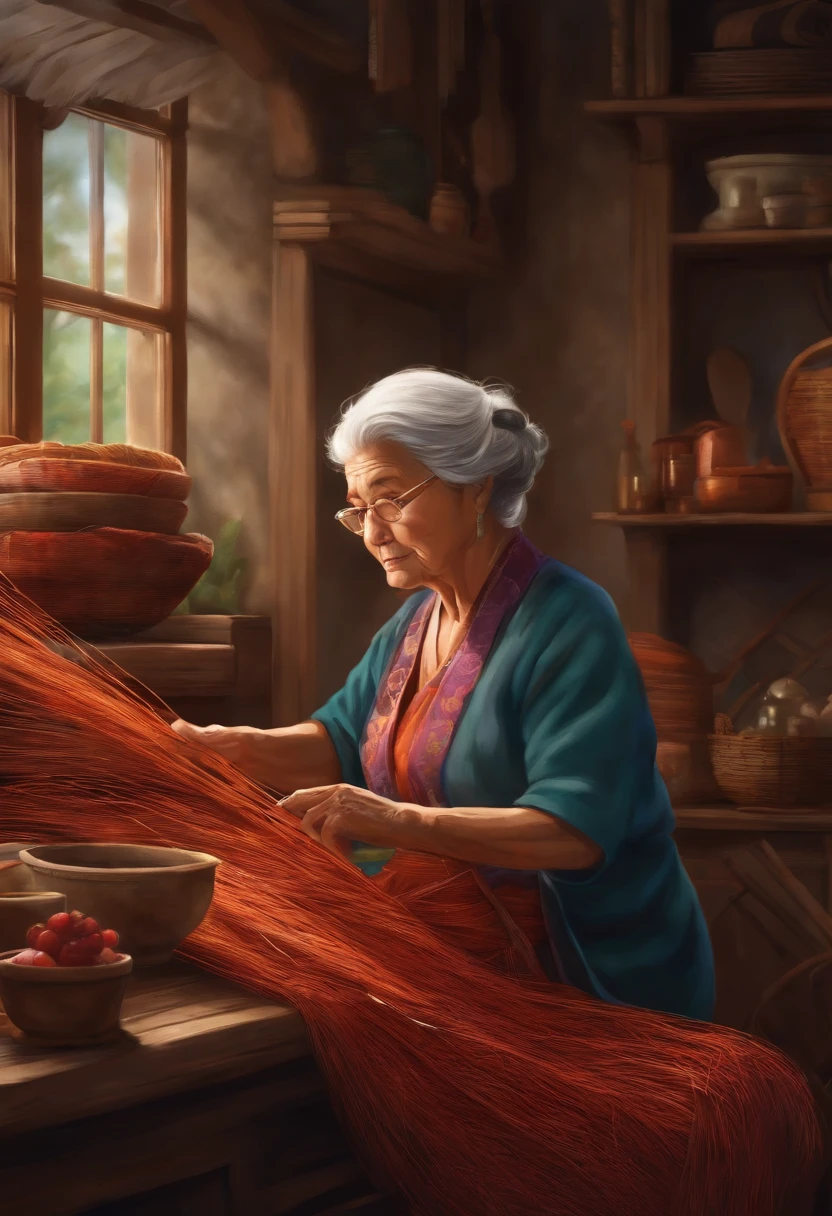 Grandma weaving，A manga style where the grandson is watching intently next to him