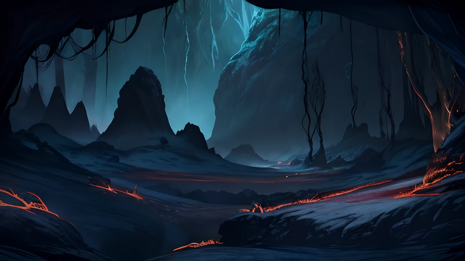 Abstract image of a forest with a lot of trees, Cave background, Background of the 2D game, Dark gloomy cave background, videogame background, Lava River Background, dungeon background, Cave Wall, The Valley of the Cursed Background, Prehistory of the Mountains, Large Dark Caverns, Mountain background, background art, Seamless Gaming Texture, Prehistory of the canyon
