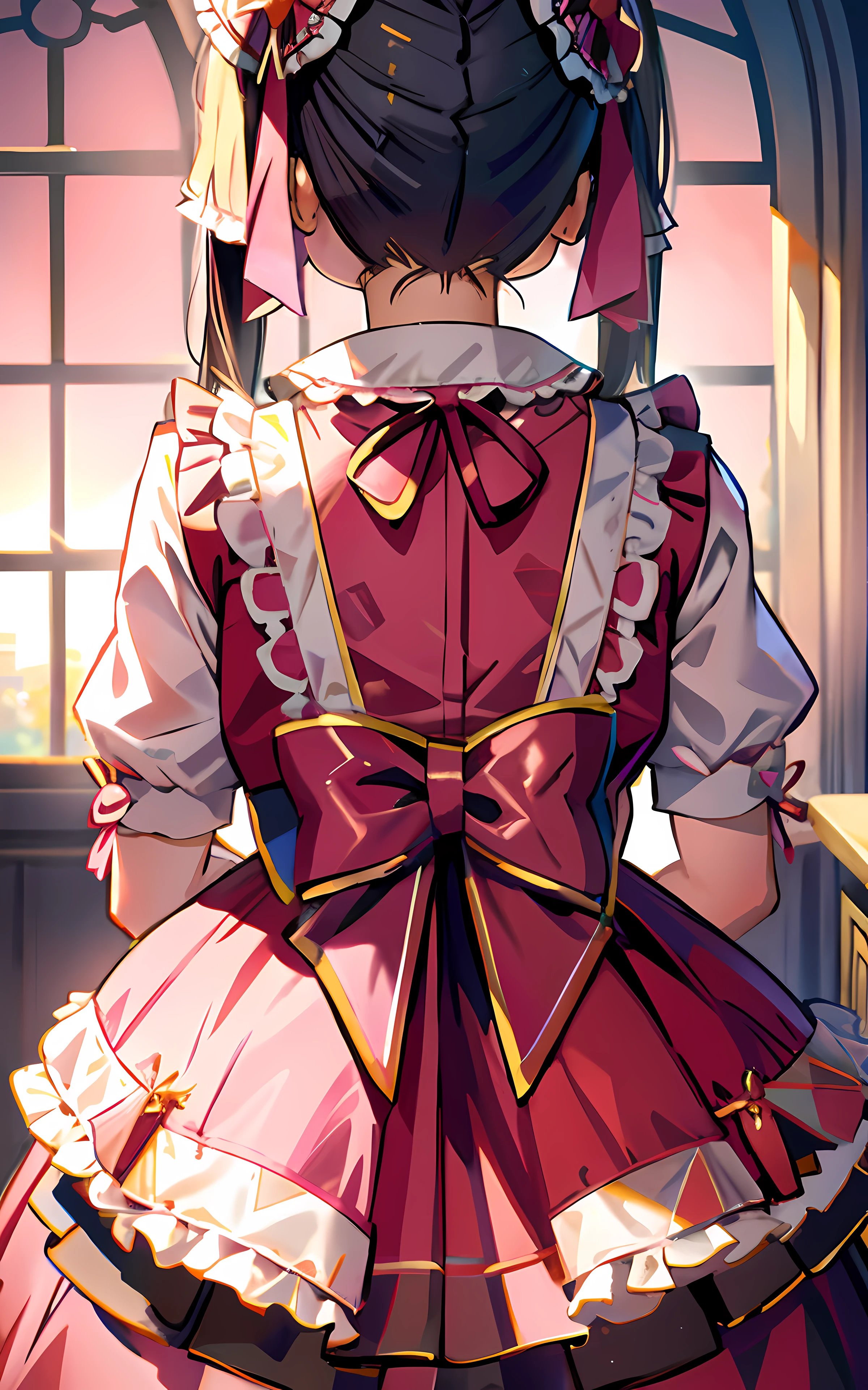 More HD, anime girl in pink dress looking out window at sunset, loli, loli in dress, splash art anime loli, anime girl in a maid costume, small curvy loli, detailed key anime art, cushart krenz key art feminine, detailed digital anime art, cute anime waifu in a nice dress, anime cat girl in a maid COSTUME, from behind