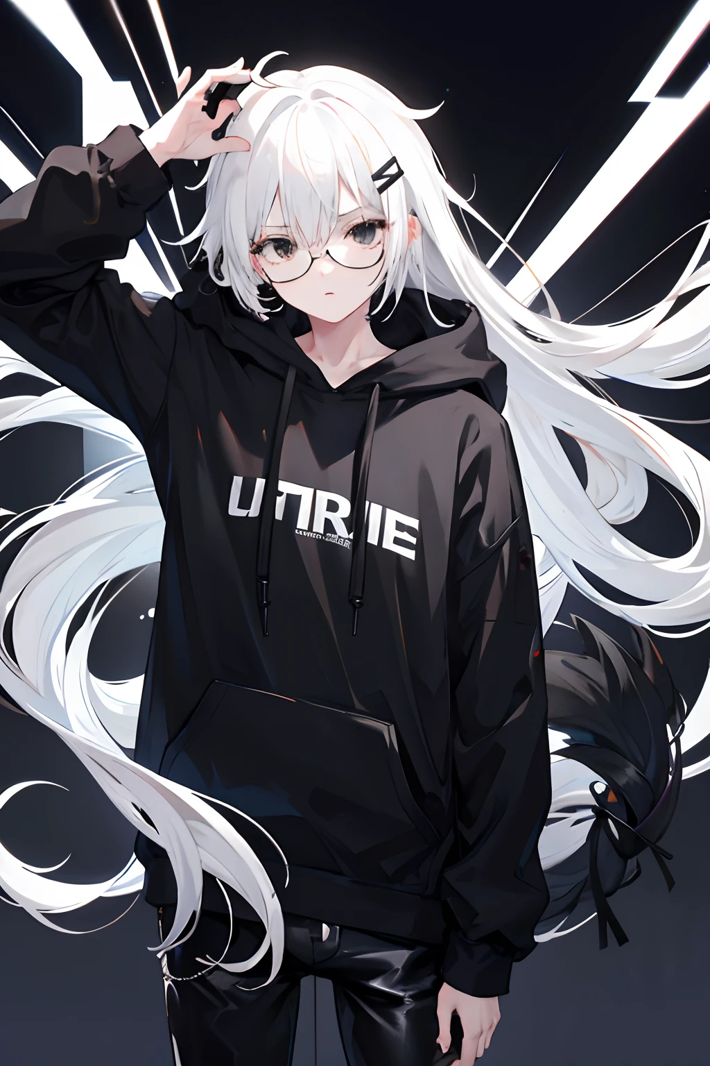 A slim 19-year-old girl with long lavender hair, silver-gray eyes and wears stylish black glasses. her skin is snow white and smooth.