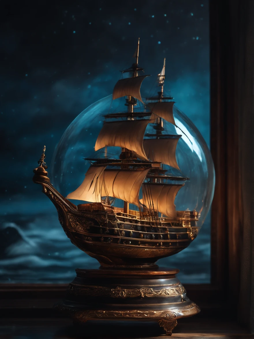 A glass bottle of perfume，The side contains a translucent sea of blue nebulae + Majestic pirate ship, Ethereal, Cinematic, The light from the back window is backlighted, Creepy art station trends, Ultra detailed, Matte painting, Photo, Arnold renderer --test --creative --upbeta