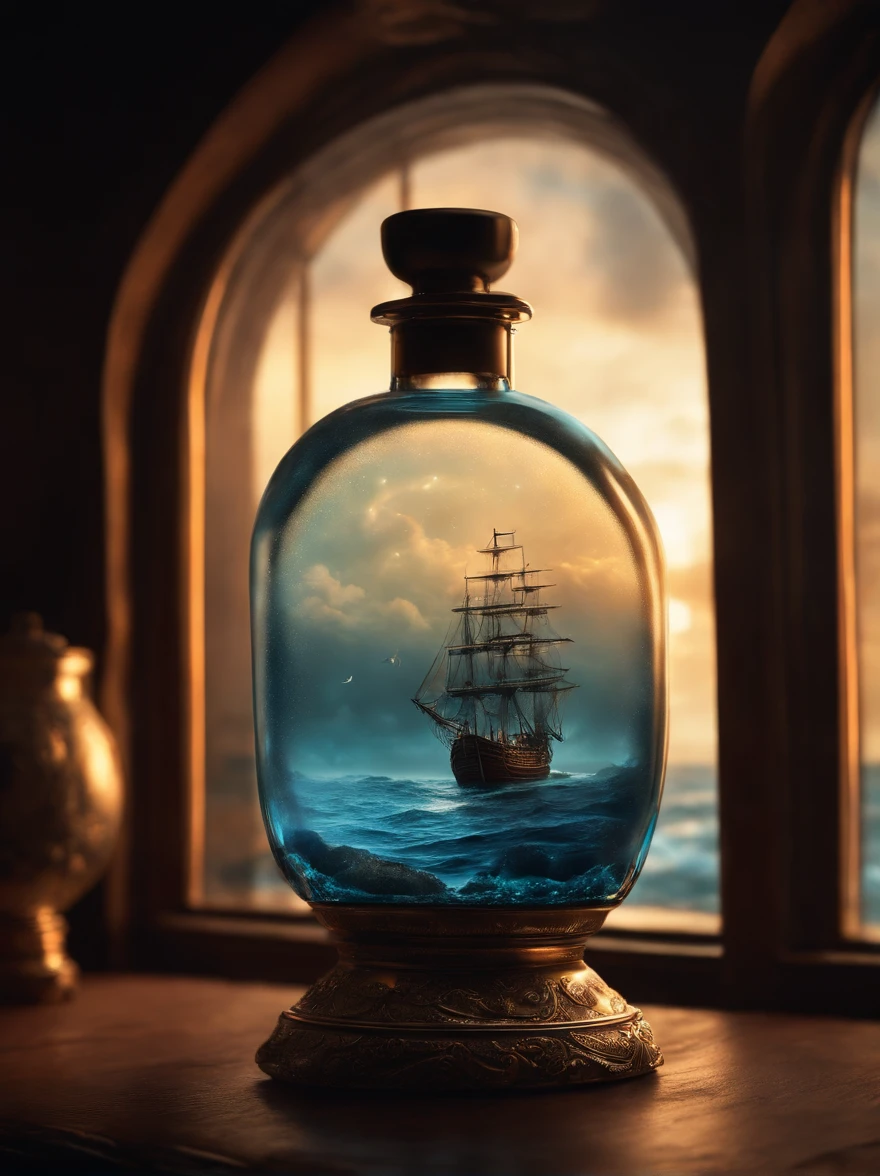 A glass bottle of perfume,The side contains a translucent sea of blue nebulae + Majestic pirate ship, Ethereal, Cinematic, The light from the back window is backlighted, Creepy art station trends, Ultra detailed, Matte painting, Photo, Arnold renderer --test --creative --upbeta