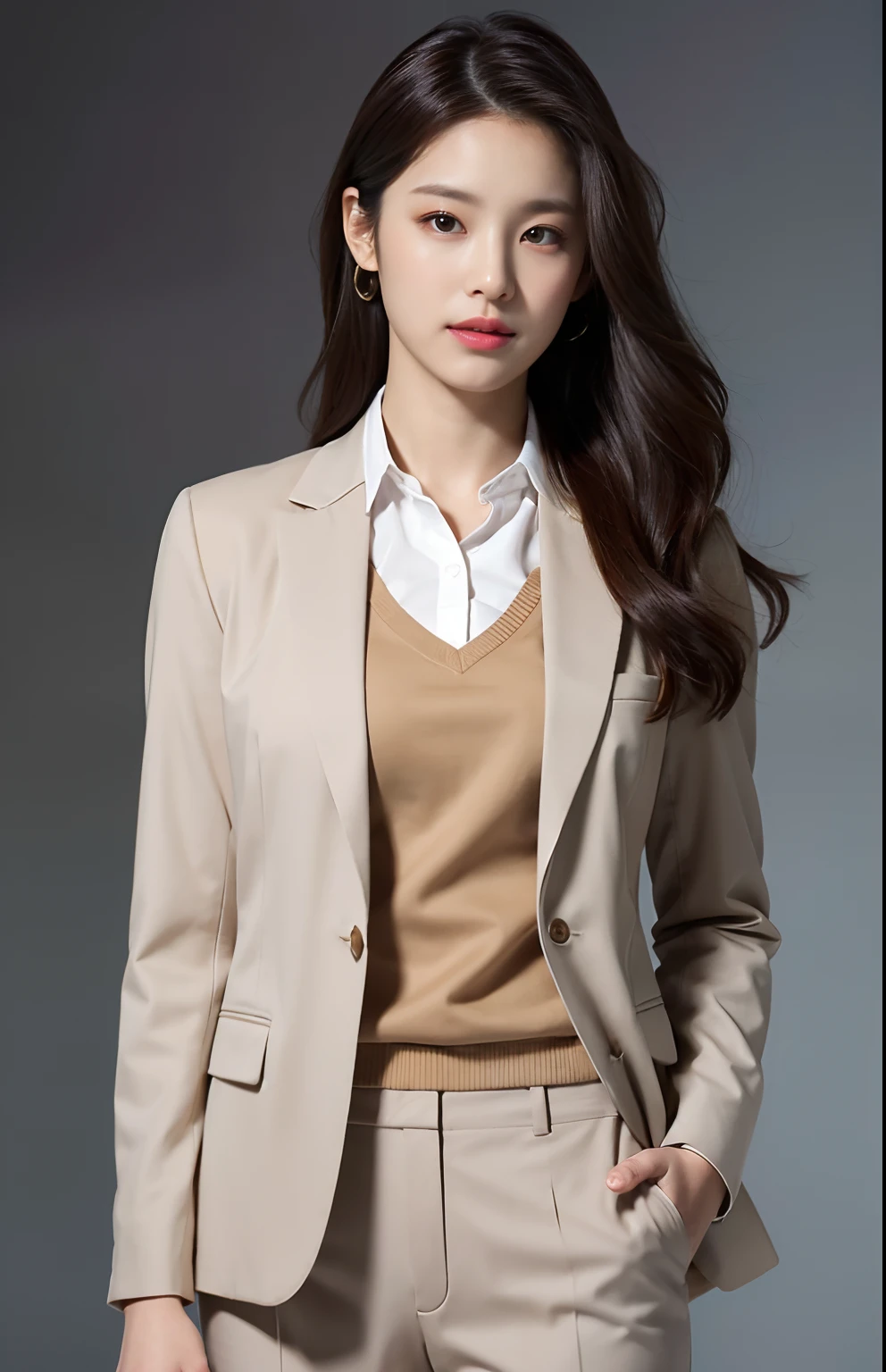 Best quality,masterpiece,ultra high res,(photorealistic:1.4),1girl, in studio, pastel gray background, wearing Brown color formal blazer, fall clothes