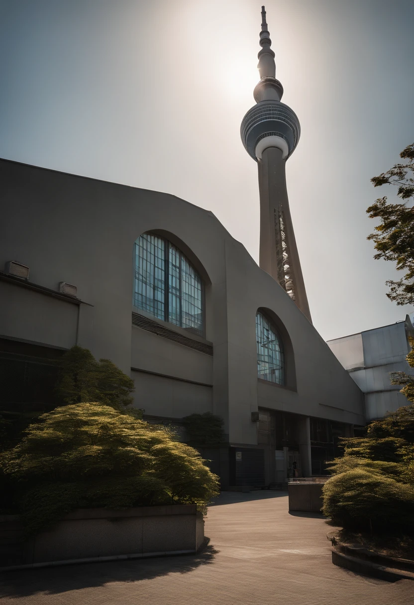 ((skytree)) Sumida City General Gymnasium in the back of Tokyo, You can see the Sky Tree behind the gymnasium,early evening, ((The sun is shining in the west)), Core Low Key, Highest Quality, Hyper-Resolution, Hyper-Realism, sharpness, Fantastic