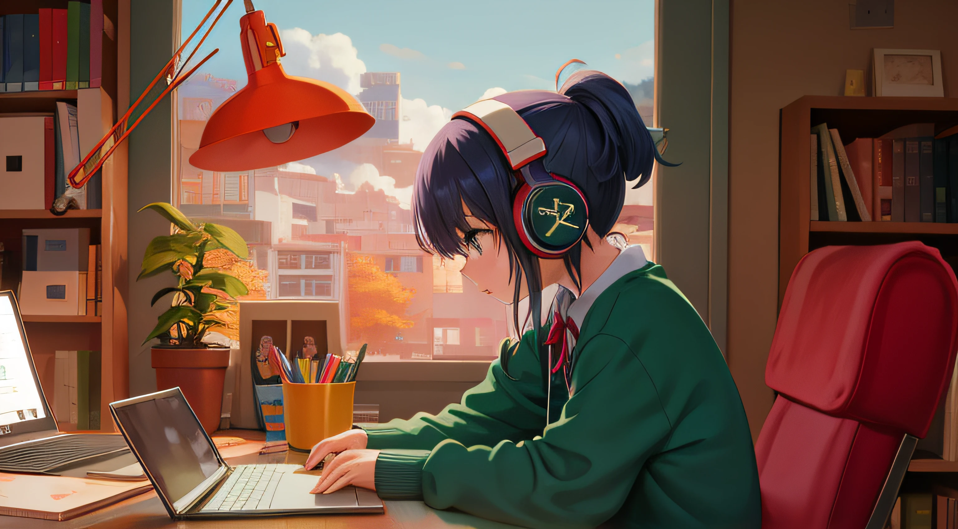 Anime girl sitting at a desk with a laptop and headphones in, Chica CERO, Elogio Artstyle, Retrato de Lofi, arte lofi, Lofi Sensation, Cero, CERO vibraciones, Chillhop, lofi girl aesthetic, Arte lo-fi, CERO colores, lo-fi illustration style, Hip Hop Lofi, lofi aesthetic