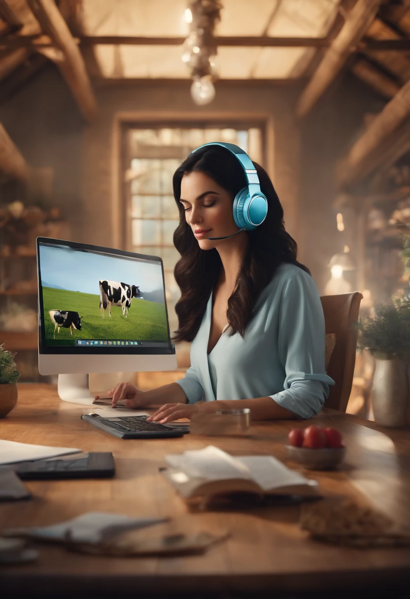 Une salle de travail avec un ordinateur de jeu, With a brunette woman with long black hair with headphones using a table with a dairy cow at the table