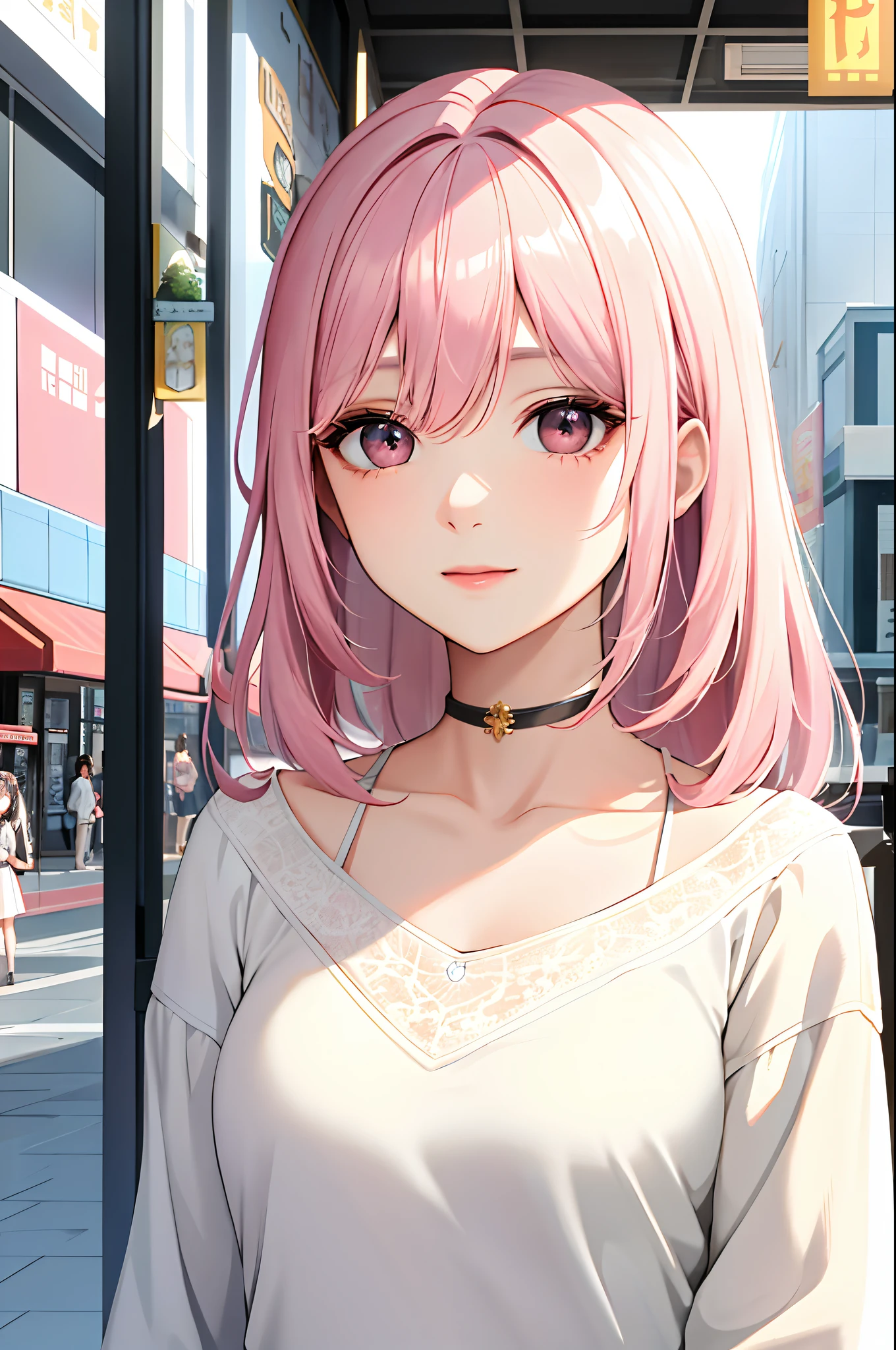 Absurdres, Masterpiece, Best quality, light colors, pastel colors, korean girl with Beautiful face , a character from kdrama , hair with bangs, doll eyes, happy face, casual clothes, city mall background, detailed background
