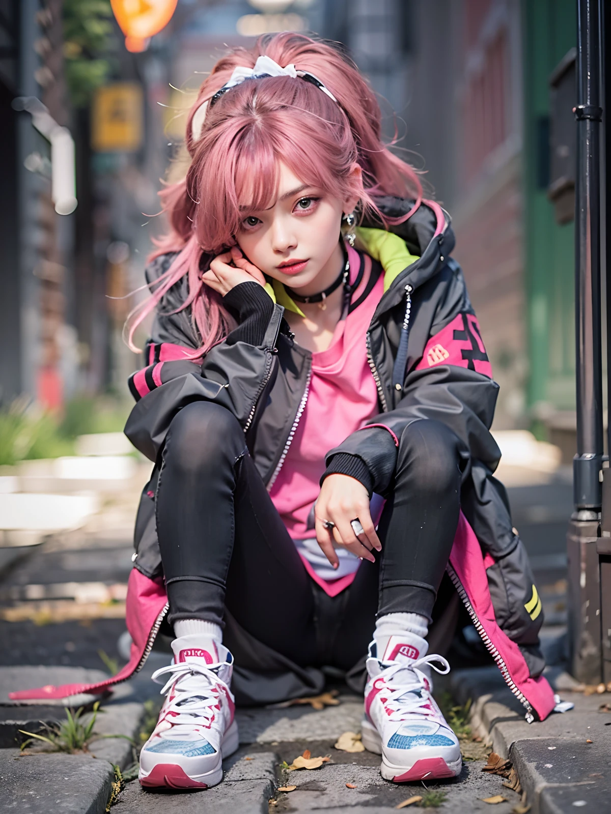 (Masterpiece, Best Quality, 1girl, 独奏, intricate details, chromatic aberration), Realistic, ((Middle Breath)),hairlong, pink hair, Decoration on a red head, Pink highlights, hair above one eye,violet eyes, earings, sharp eyes, Choker, neon shirt, open jacket, crop-top, (symmetry eyes),(perfect symmetrical body),sitting on a stone, Pursed knees, holds his leg with his hand, Hand at the bottom, graffiti, dim lighting, alley ,Look at the viewer