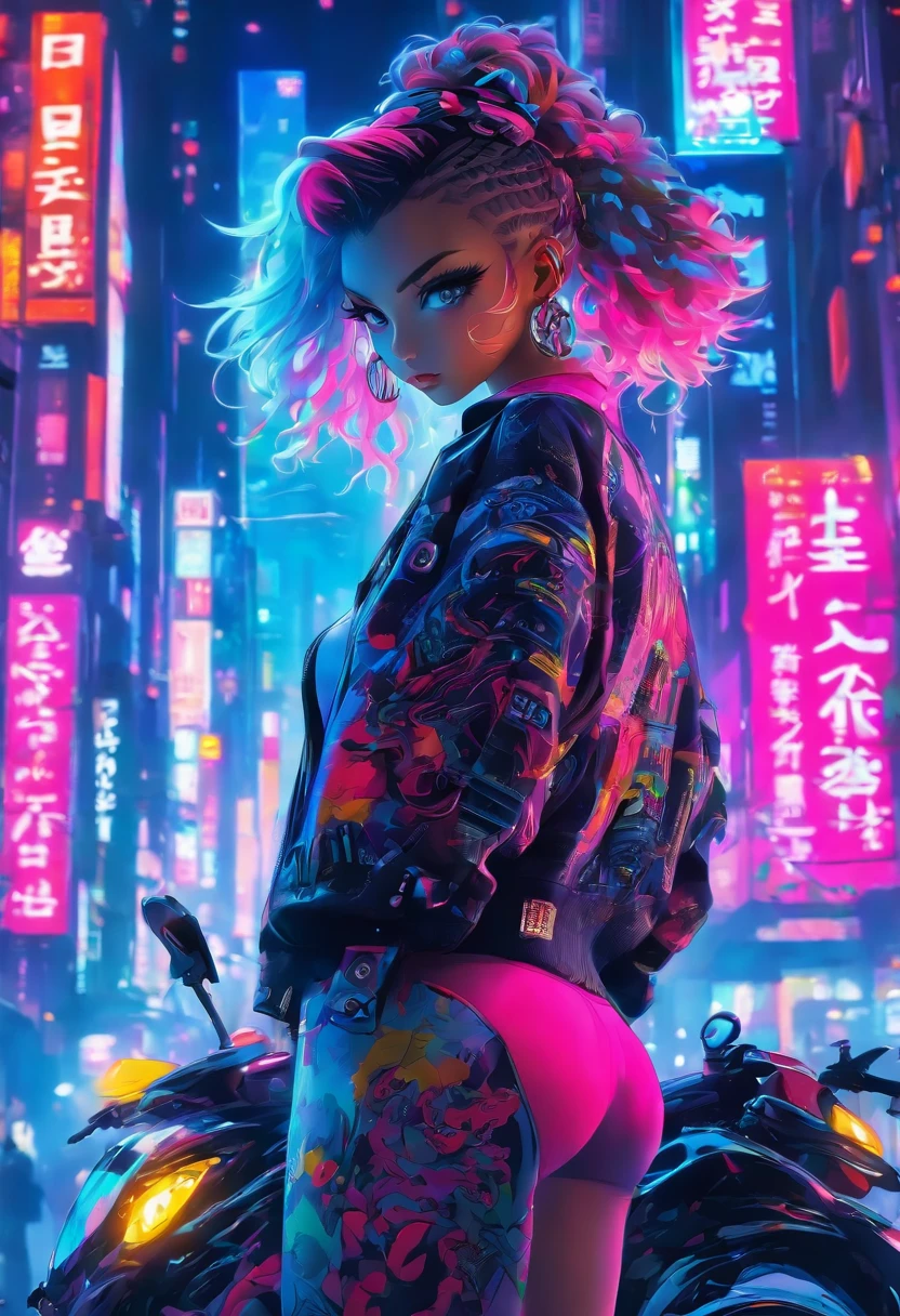 masterpiece, best quality, Confident cyberpunk girl, full body shot, ((standing in front of motorcycle)), Harajuku-inspired pop outfit, bold colors and patterns, eye-catching accessories, trendy and innovative hairstyle, vibrant makeup, Cyberpunk dazzling cityscape, skyscrapers, neon signs, LED lights, bright and vivid color scheme, anime, illustration, detailed skin texture, detailed cloth texture, beautiful detailed face, intricate details, ultra detailed.