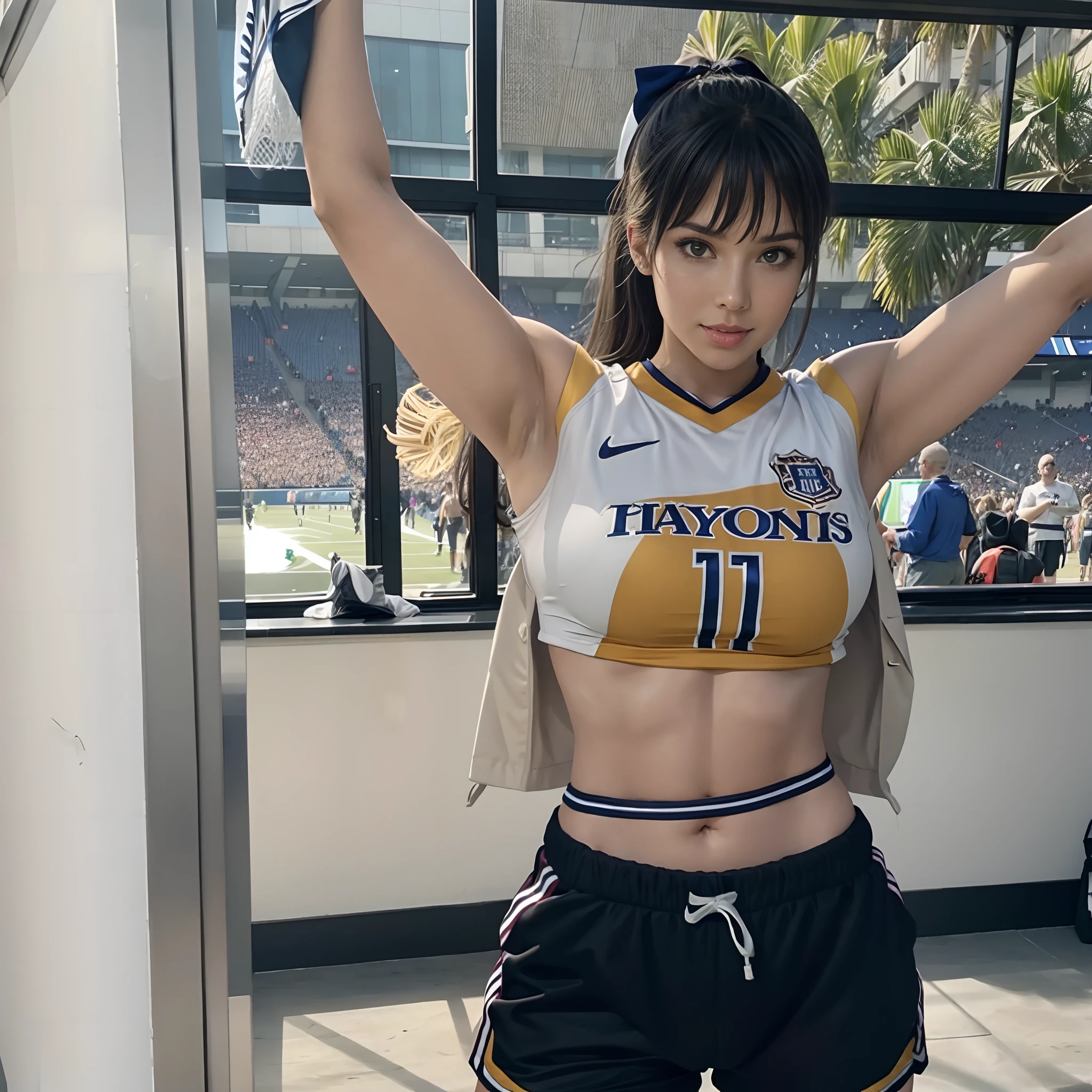 One wears a football jersey，Cheerleader with a hot body