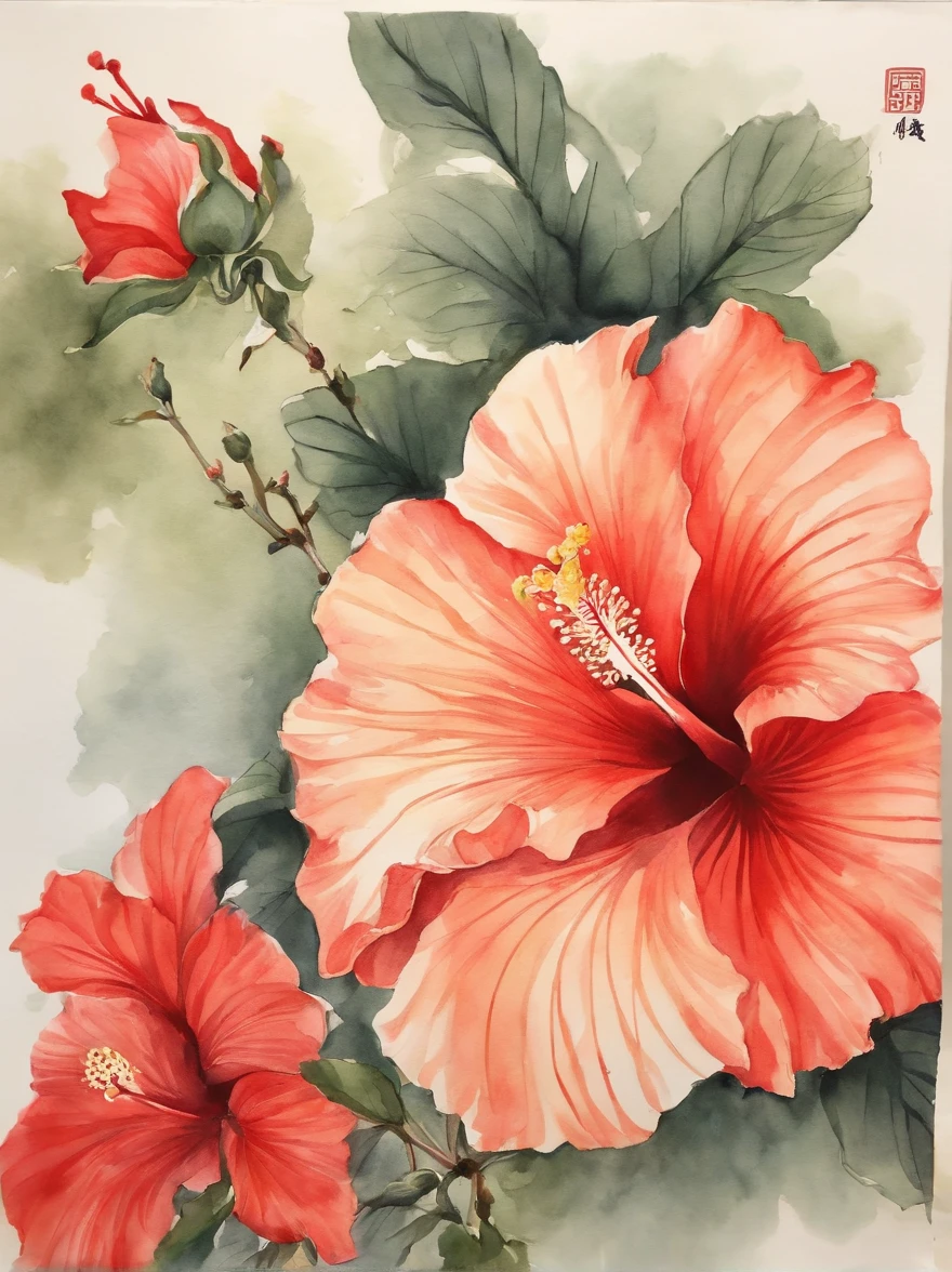 China-style，ink and watercolor painting，Hibiscus flower，Elegant lines，masterful art
