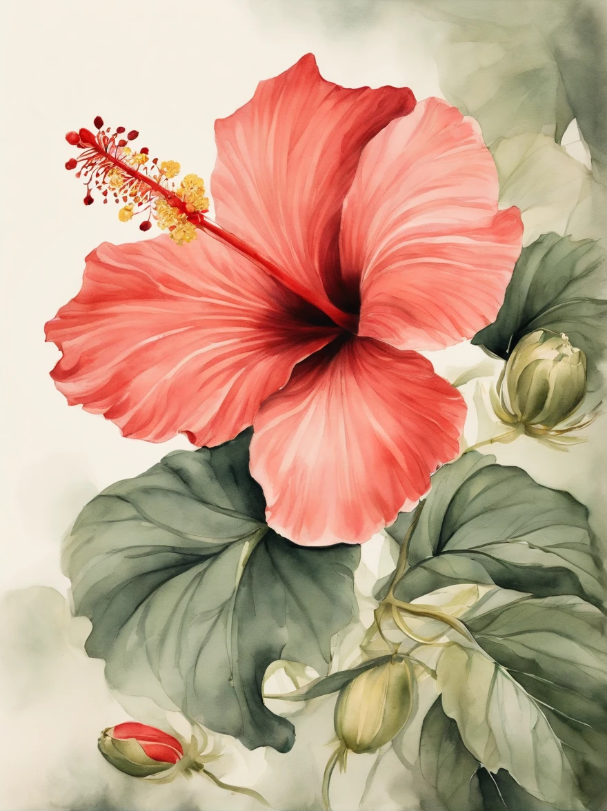 China-style,ink and watercolor painting,Hibiscus flower,Elegant lines,masterful art