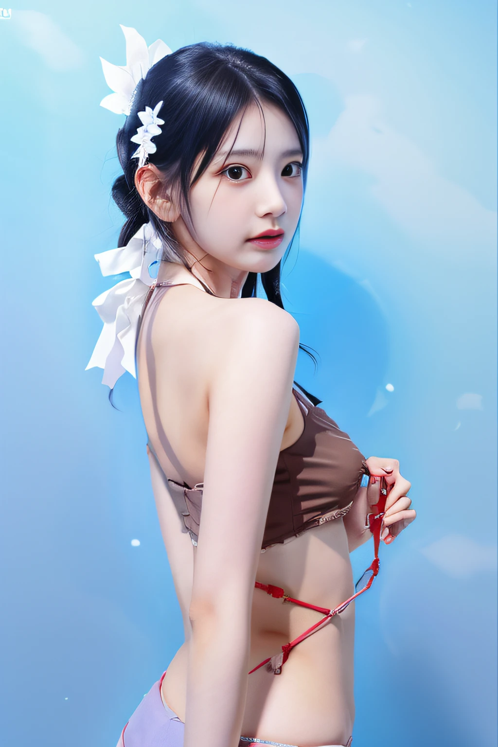 yuzuki yukari, extremely delicate and beautiful, back, from_side, thick_thighs, holding_weapon, shiny_skin, girl,woman,female, young,20 years old, very long hair, wavy hair, bangs, brown hair, delicate beautiful face, light smile, thick_eyebrows, beautiful eyes, upper_teeth, bare_shoulders, normal hands, medium_breasts, midriff, , brown eyes, white skin, red_bow, piercing, gun, indoors, blue_sky, transparent_background, wallpaper 8k CG,