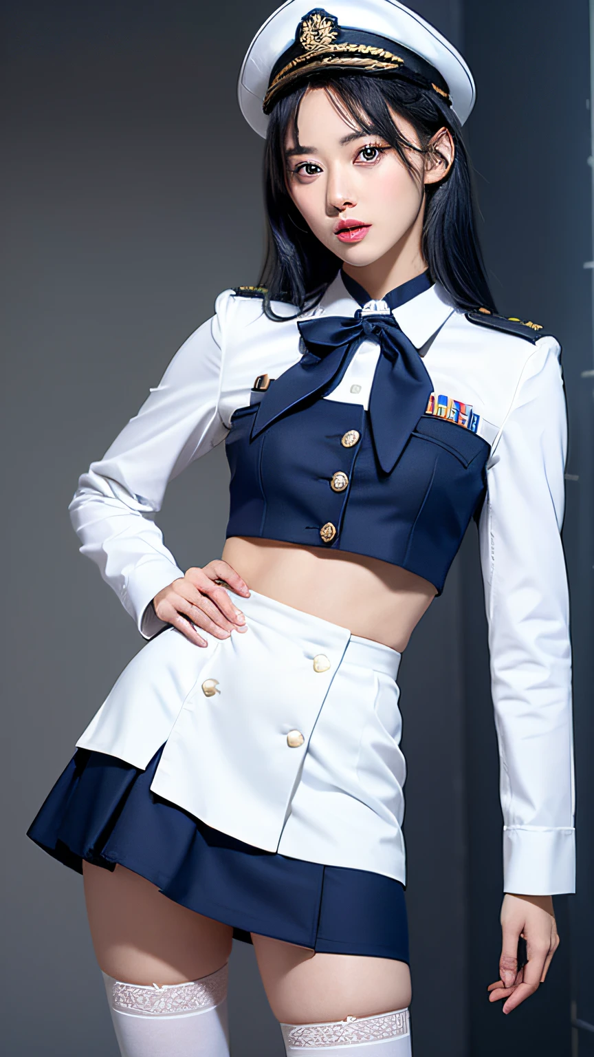 （best qualtiy，4K，tmasterpiece：1.2），Pretty women，1girll，Raised sexy：1.1，darkblue hair：1.1，Uniformed women，Drenched white uniform，Super Detailed Face，Detailed lips，A detailed eye，二重まぶた，Colorful mini skirt black stockings，stand up，full body Esbian