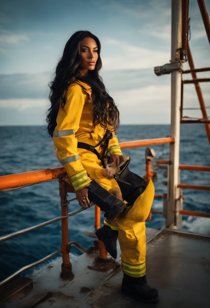 In a gas and oil platform in the blue ocean. The back of a beautiful woman with long black hair, cute face and black eyes, very similar to the model Naomi Campbell, climbing the cat ladder, full and sexy body, in a firefighter's outfit,  as a photographer and holding a camera.