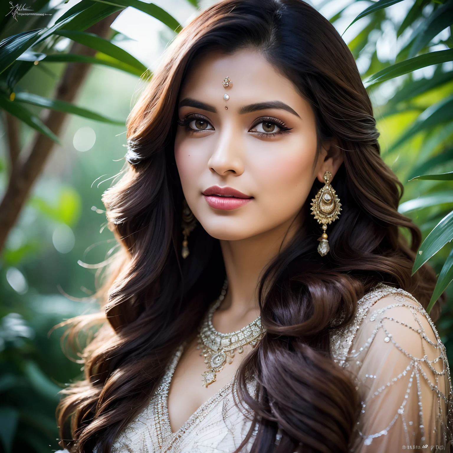 Portrait of A confident-looking indian woman with long flowing hair,in jungle, hazel eyes, with flowing capes, standing in ice, perfect composition, hyperrealistic, super detailed, 8k, high quality, trending art, trending on artstation, sharp focus, siberian photo, intricate details, highly detailed,