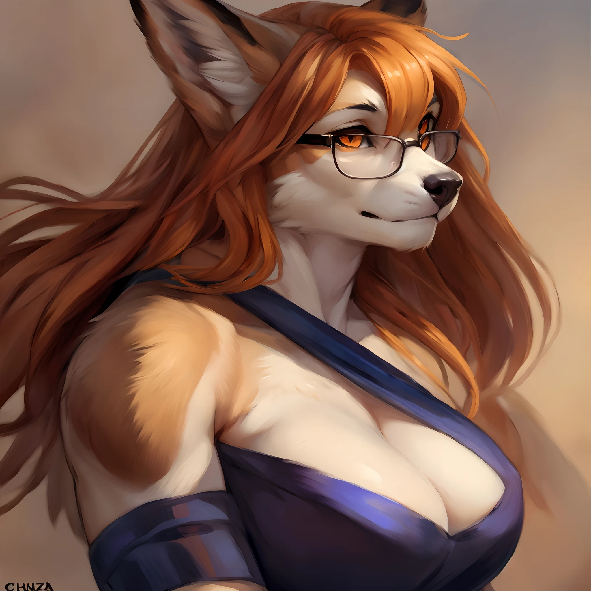 Solo, female, big breasts, canine, white fur, orange eyes, orange hair, glasses, brown arms, muscular, By bebebebebe, by buta99, by chunie, by sonsasu, by danza, portrait, frame, dress