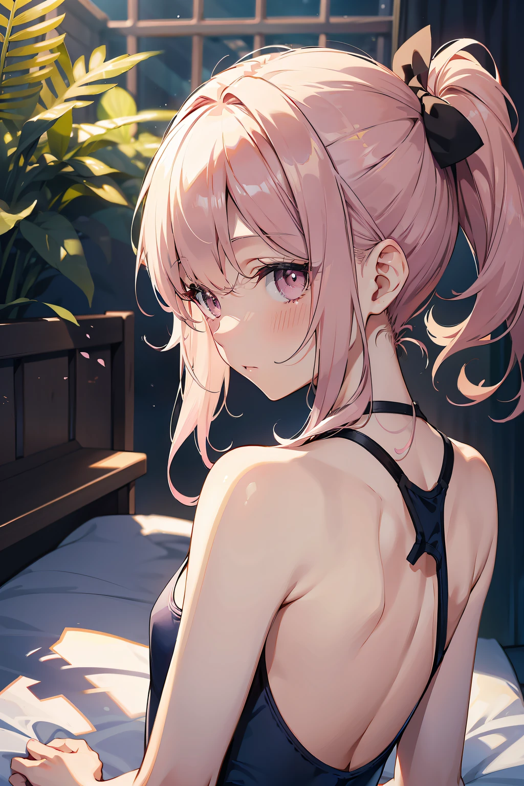 high-level image quality、top-quality、Detailed drawing、Does not blush cheeks、Slender beauty、Docile、Pink School Swimsuit、Small eyes、Smaller chest、poneyTail、Show your back、Back angle、a bed