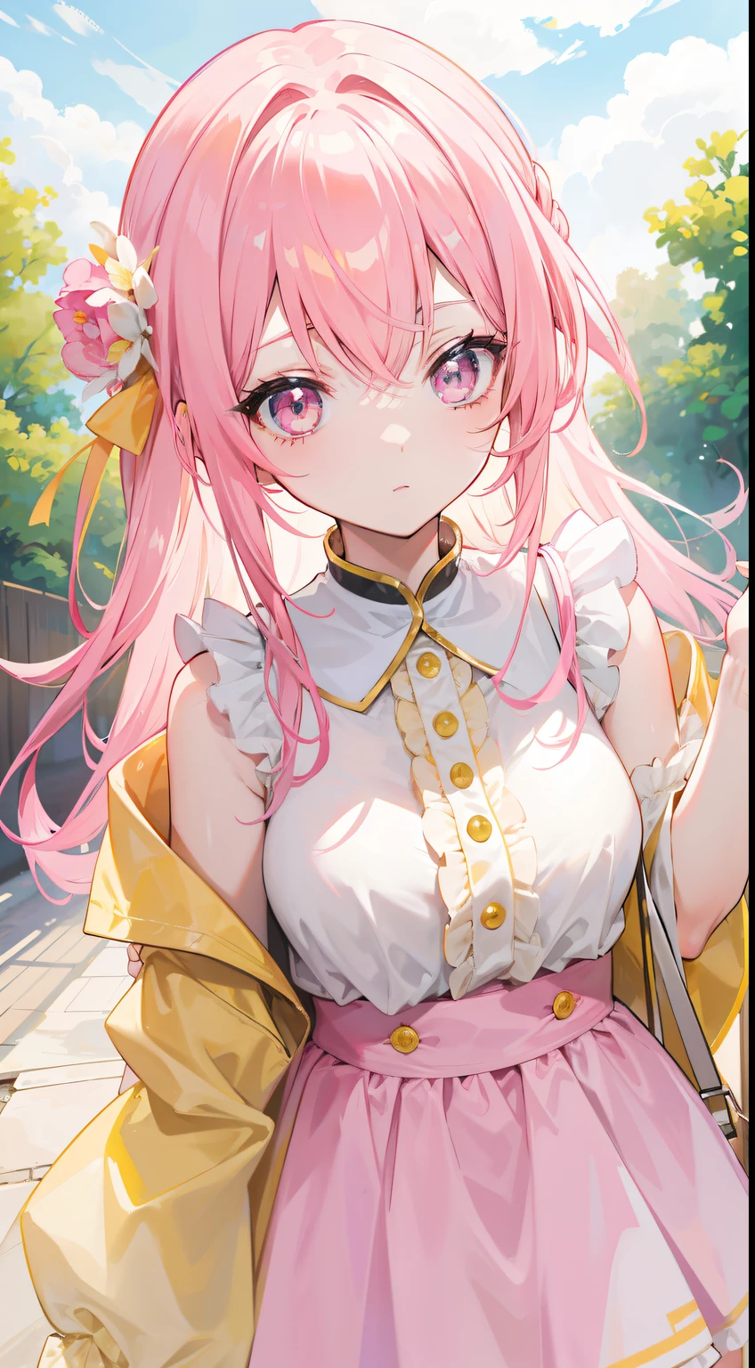 Fantastic shiny light pink yellow hair,Pink and yellow with white clothes,Milky,The eyes are pink-yellow,It's a cute girl