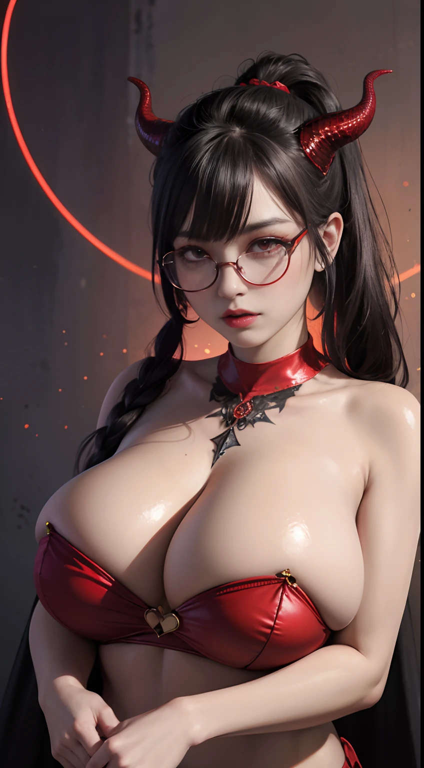 Fine、(The best illustrations)、8k UHD resolution、intricate-detail、top-quality、realisitic、ultra-detailliert、The best lighting、Best Shadows、Soft lighting、Ulutra HD、Ultra-realistic、Tindall Effect、Photorealsitic、(High Detail Skins:1.2)、 (Intricate details, makeup, pureerosface_v1:0.5), (Detailed beautiful delicate face, Detailed beautiful delicate eyes, A perfectly proportioned face, High detailed skin, Detailed skin, best ratio four finger and one thumb, arms below breasts, Tattoo with a red glow under the stomach、Awesome awesome, wide hips, smooth midriff, skiny and thin, __Fashion__, __hair__:1.25)、Digital SLR、 absurderes、1 beautiful devil woman from hell, surreal female portraits by David Hockney and Alphonse Mucha, Portrait of a seductive woman、Fantasy Art, Chinese Doll、Chinese actress、Dungeon、The dragon、Devil's Palace、Devil's Torture Chamber、natta、Dark style 、In the Dark、(Detailed spooky backgrounds:0.8), magia、 女の子1人、Evil Nun、Dark Necromancer、Succubus、Devil's Daughter、Umi Shinonome、Bat Wings，(((Demon Horns)))、 ((((Huge glasses, Otaku Glasses, thick glasses, Round glasses)))),(((Colossal tits)))、(Devil's Tail)、(red eyes glowing:1.6)、red eyes make up very sharp and detailed, The eyes are very well made up, ((Red Eye:1.0)),intricate tattoos, demonic intricate tattoos, thigh tattoos, body tattoos, ​masterpiece、The most beautiful face、a baby face、Charming smile、plump beautiful red lips、Muscular seductive body、The enchanting body of the devil、devil style、Seductive Black Magic Costume、(((A shiny red snake is wrapped around her body)))、The long-haired、Braids、Black hair、Ponytail distortion、, Ponytail with a bow tied at the back of the hair, Beautiful expression、Body Up、Large breasts emphasis、Bust,  Super tight breasts, Breast augmentation surgery, The breasts are very big and round and round,Toned waist、Wide buttocks、 lowkey, cowboy lens, (red phoenix dress: 1.0),  devil crown,  Red sparkling gemstone necklace、Jewelry Gwise,  wearing black mesh socks,wearing a thin red and