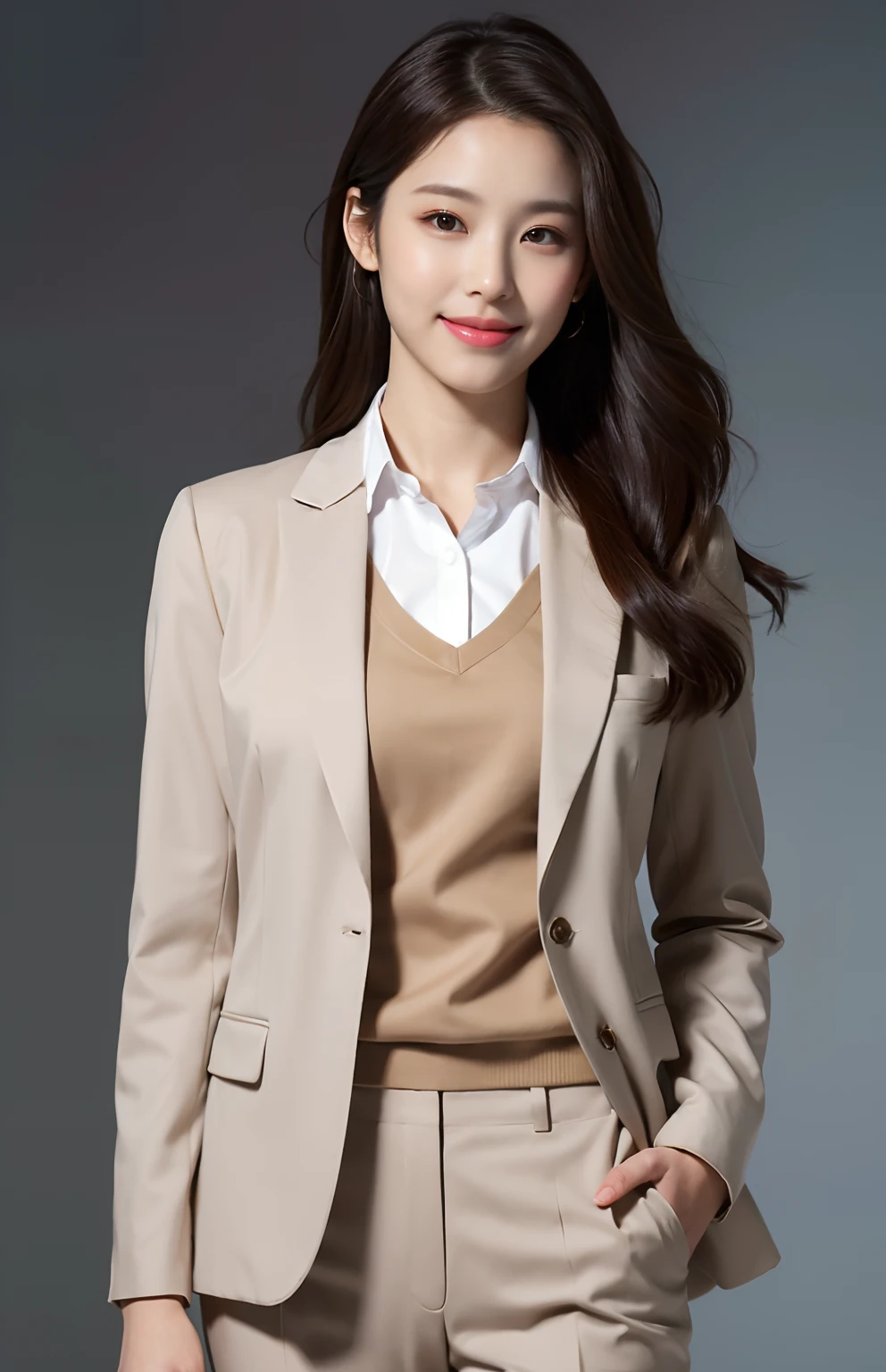 Best quality,masterpiece,ultra high res,(photorealistic:1.4),1girl, in studio, pastel gray background, wearing Brown color formal blazer, fall clothes, gentle smile