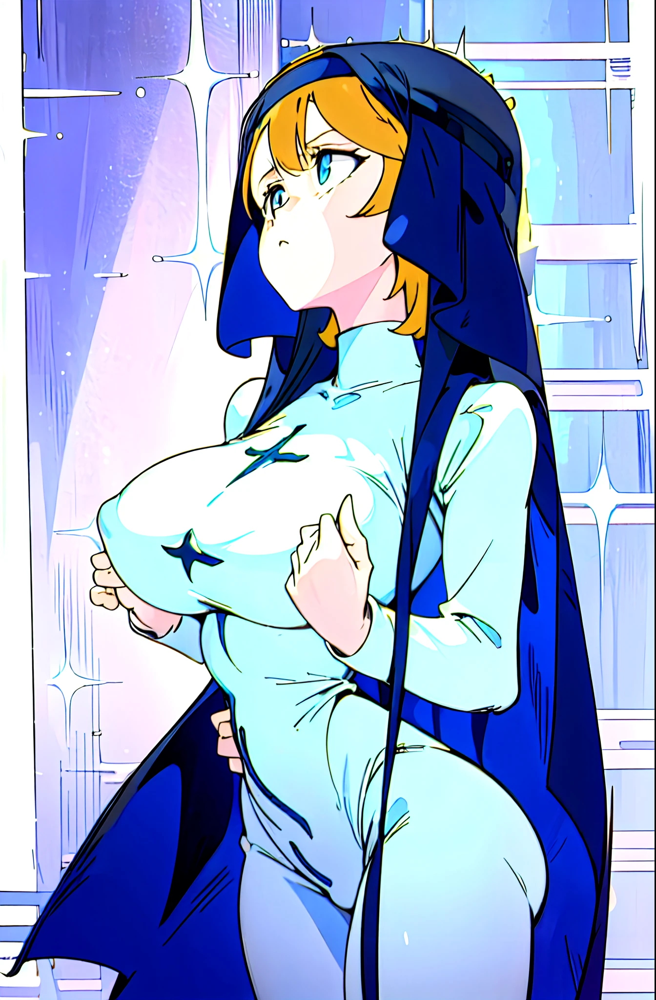 LWA 1girl nun solo,  nun outfit, female nun, majestic saint woman, large breasts shortstackBT, black-white skintight robes, in HNKstyle, 80's anime style, and LWA style