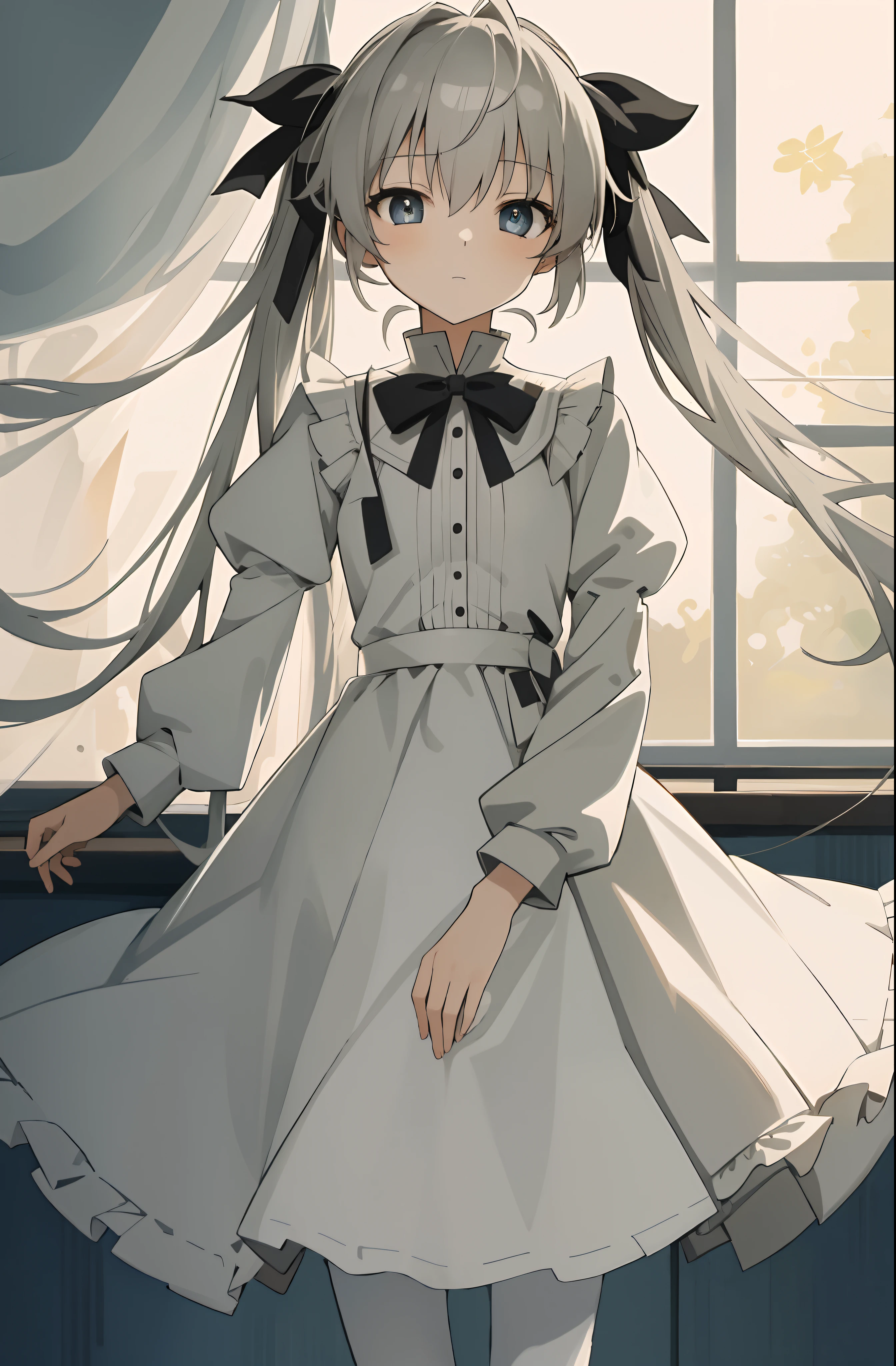 （Masterpiece，best qualtiy，A high resolution：1.5），1girl，high school senior，white skinned，Gray-black pupils，twintails，lacepantyhose，shift dresses，Delicate face，School Background，The light is bright，Sora Kasugano，Animated illustration style，pixiv popular