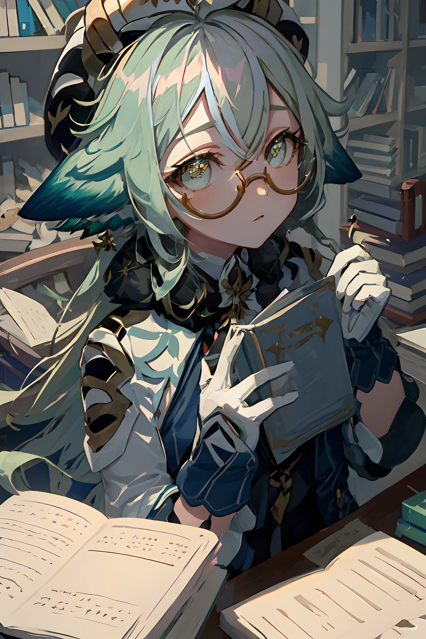 hight resolution, realistic portrait, Beautiful,Young,4k,(Energetic,Bright:1.1) Green eyes,Sharp-looking glasses, long green hair, Eccentric Attractive Fabric,Huge Library Background,Scientific Instruments,Books & Papers, scattered everywhere, Cosy lighting, bookshelves, filled with books