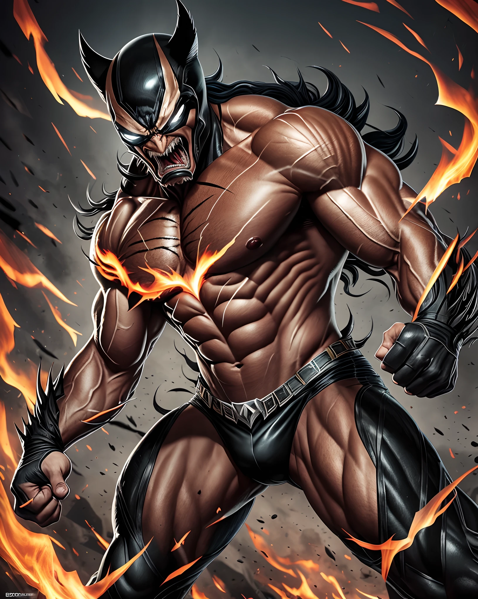perfect fusion of Venom and Wolverine, Cinematic Character, Dynamic Movement through a Night Scape of Darkness & Fire, Highly Detailed and Intricate, Haunting, Stunning, UHD, 32k, 12k, 8k, High details, Sharp Lines, Perfect Render, Cinematic Shot, Sharpen Details + Professional Lighting + 50mm, 80mm, 100m + Lightroom, --auto --s2
