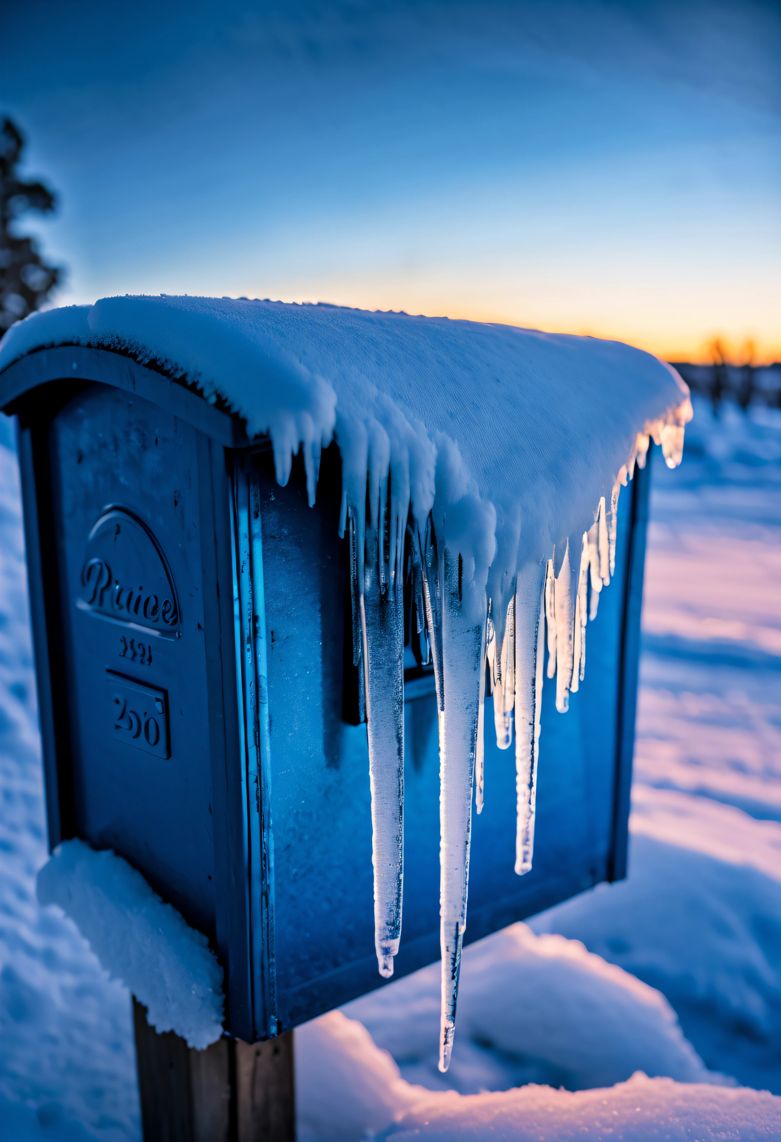 8k masterpiece, RAW photo, best quality:1.2, (rime ice), macro detailed photograph, low angle shot, sub-zero canadian morning in yellowknife, twilight, from ground looking up, blue mailbox covered with rime ice shimmering in the fading moonlight, twilight, epic shadows, detailed frozen hanging ice,