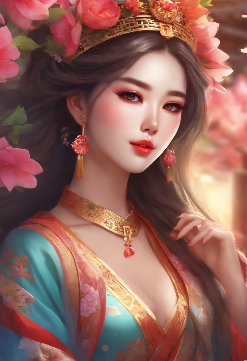 (chinese-culture,surreal,anime,girl,beautiful eyes,beautiful lips,colorful outfit,flowing hair,flower crown,sharp focus,comic style,soft shading,vivid colors,interesting background) (best quality,highres,ultra-detailed)